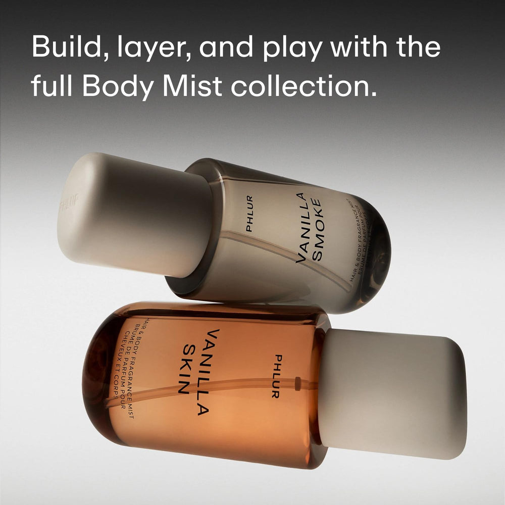 PHLUR Vanilla Smoke Body Mist packaging close-up showcasing design details.