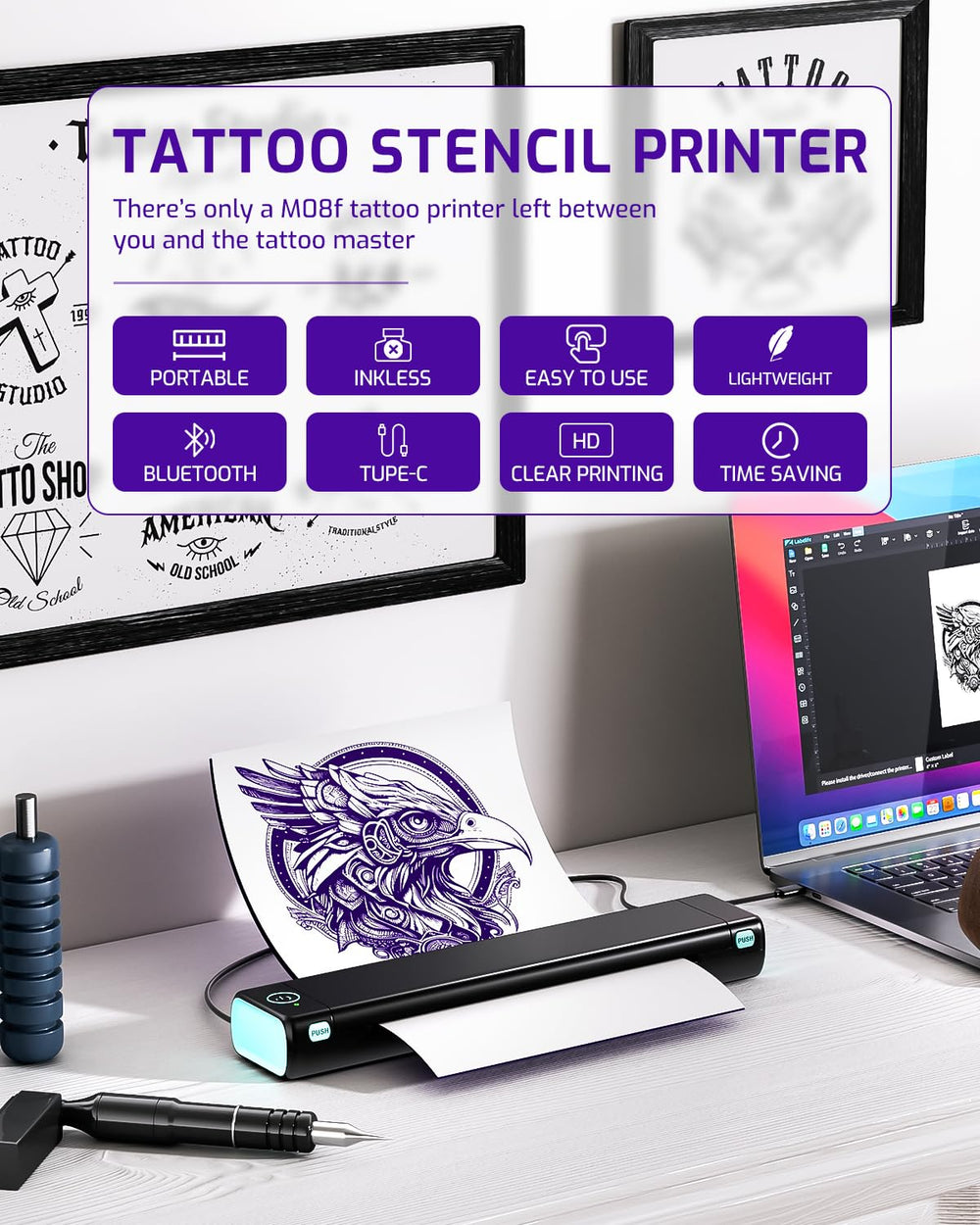 Phomemo M08F uses inkless thermal printing for clean stencil outlines.