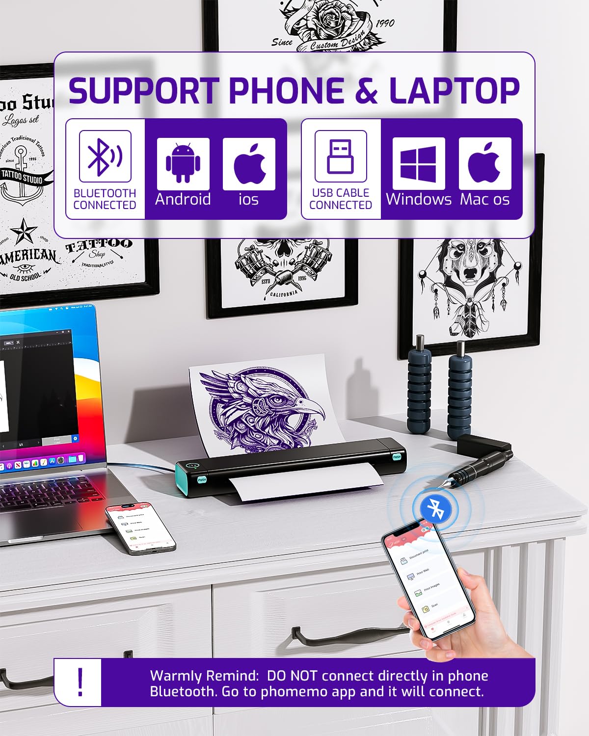 Phomemo M08F connects with phones, tablets, and PCs for versatile design work.