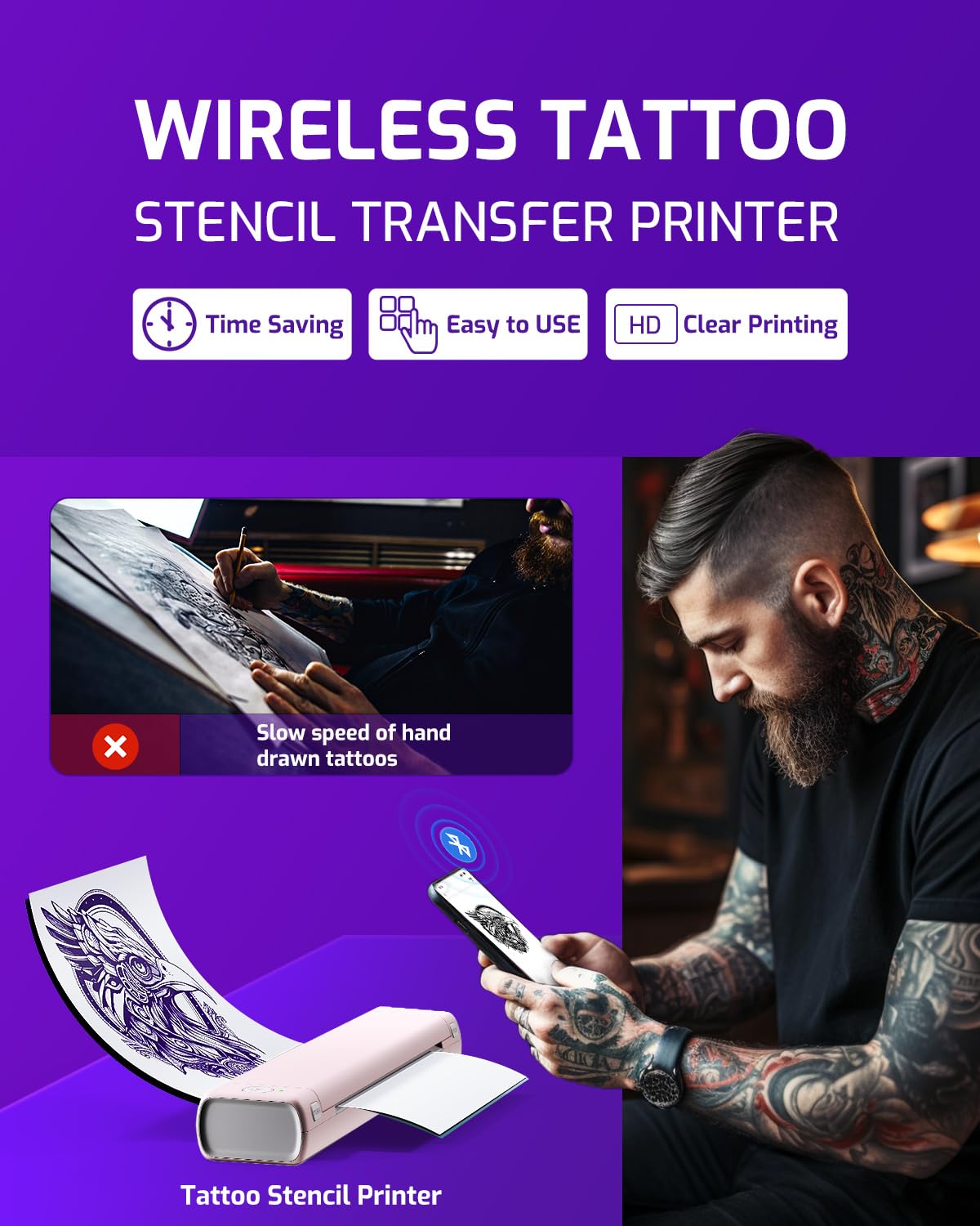 Phomemo M08F app interface demonstrates one-click printing and design scanning