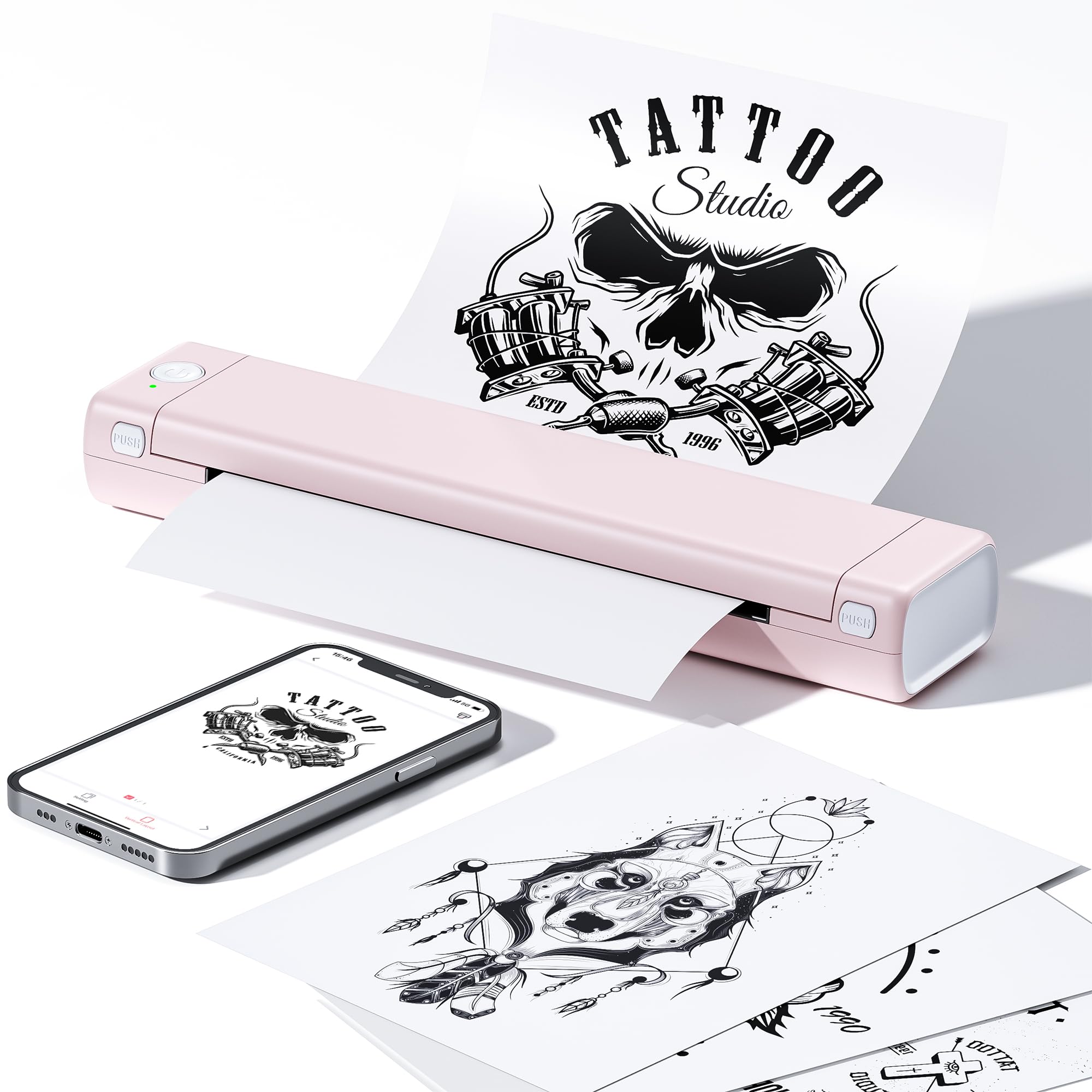 Phomemo M08F tattoo printer front view showing compact design for mobile use