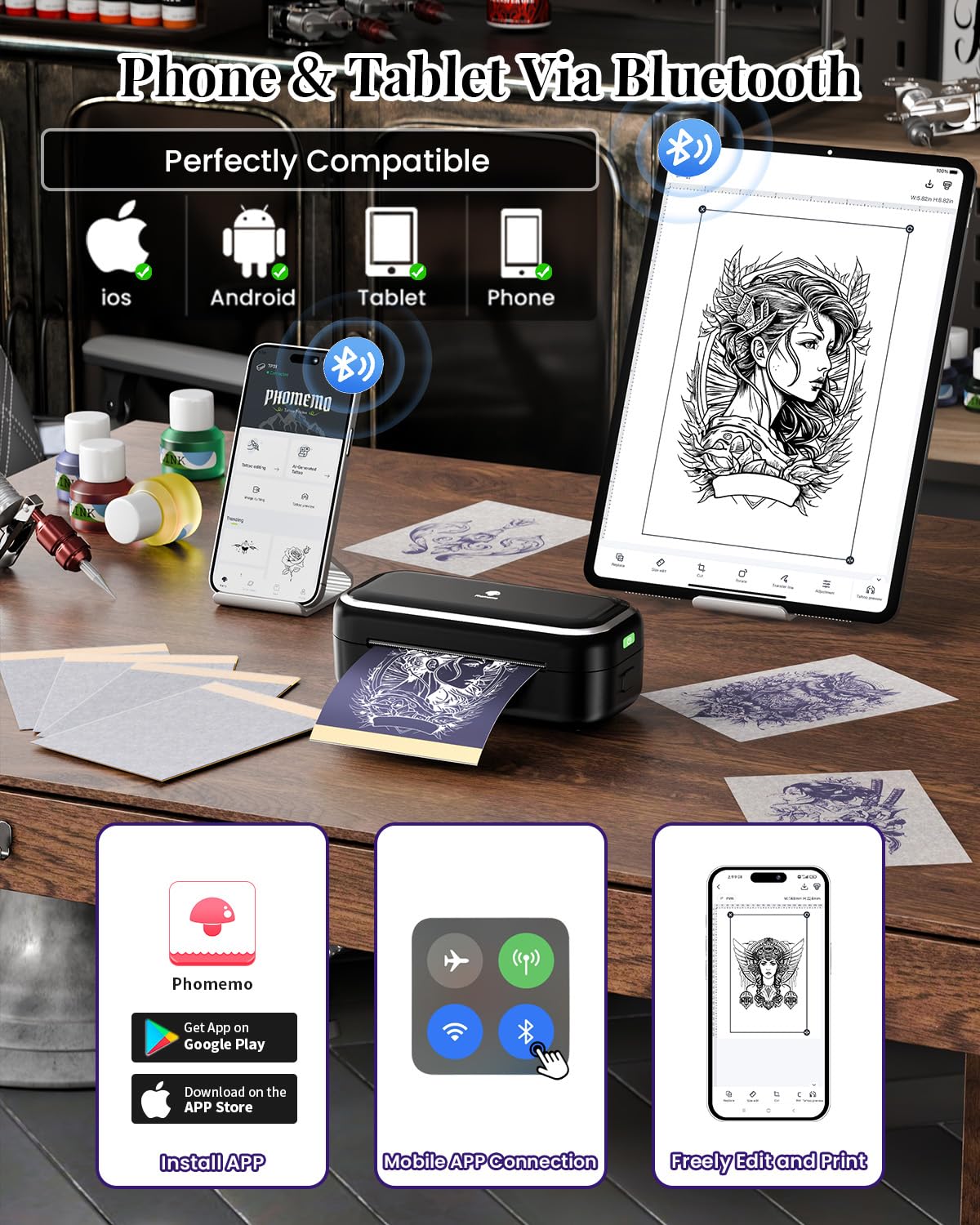 Phomemo TP31 app features starter library and AI design options.