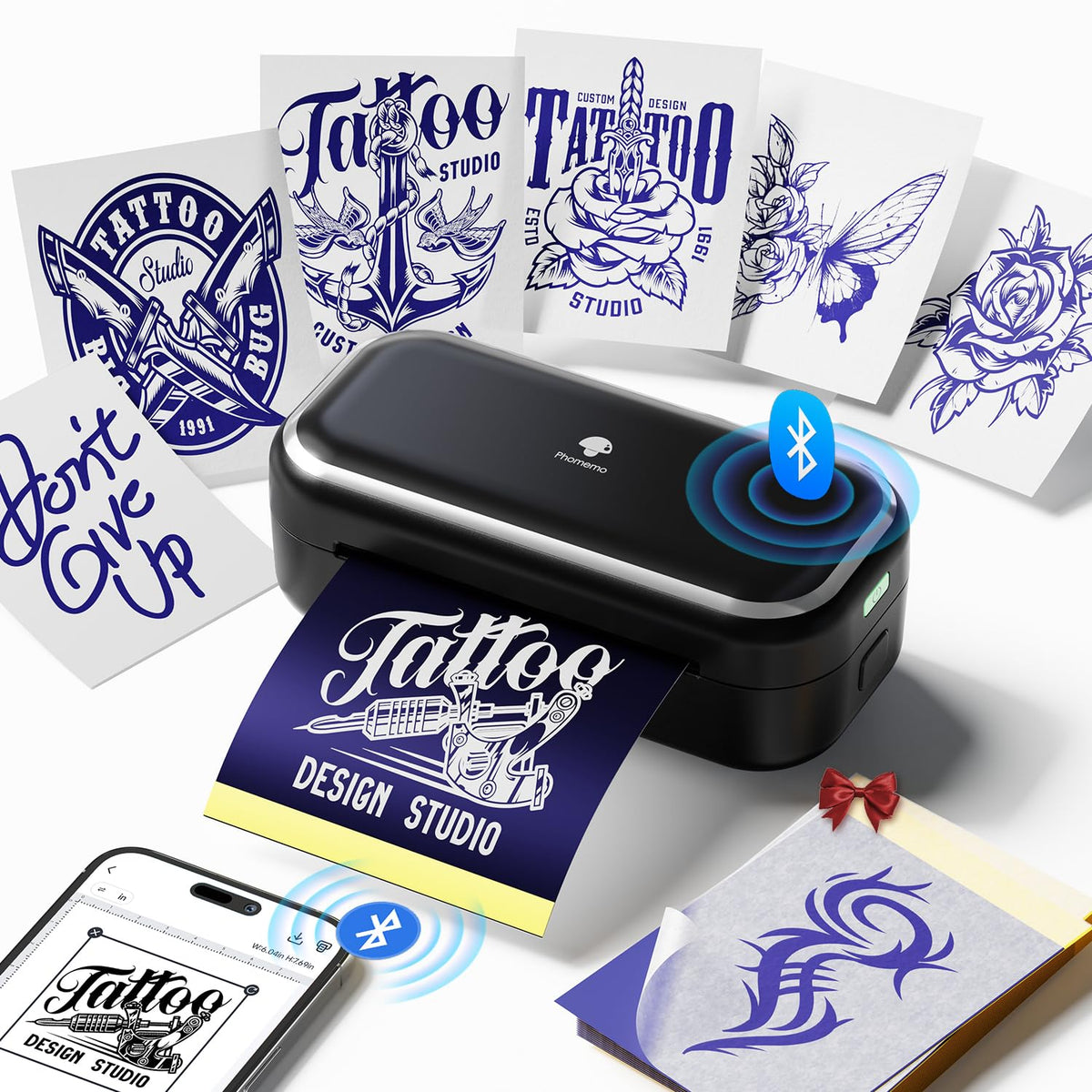 Phomemo TP31 tattoo printer front view showing portable on-the-go printing