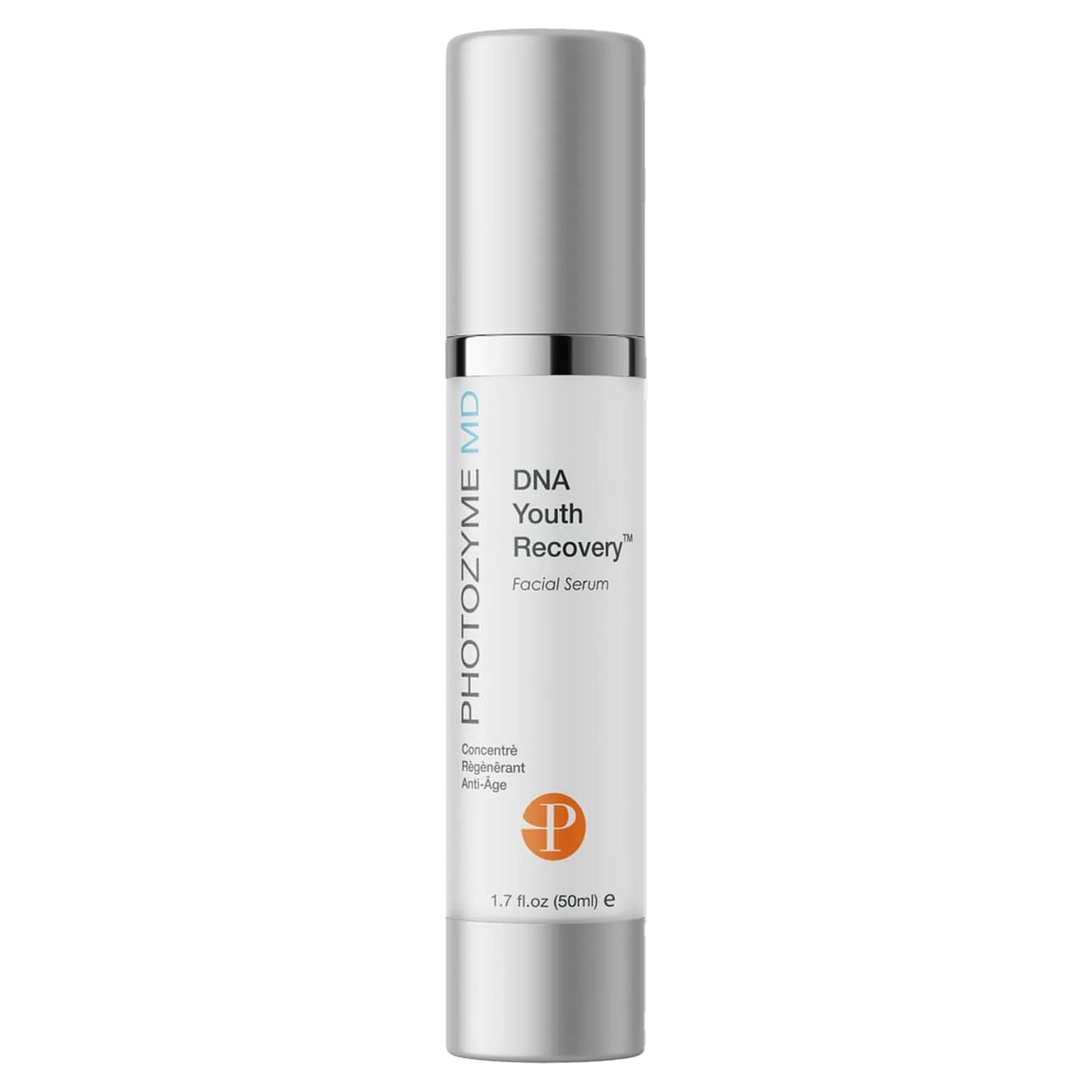 Photozyme DNA Youth Recovery Serum bottle on a clean surface, suggesting daily skincare routine.