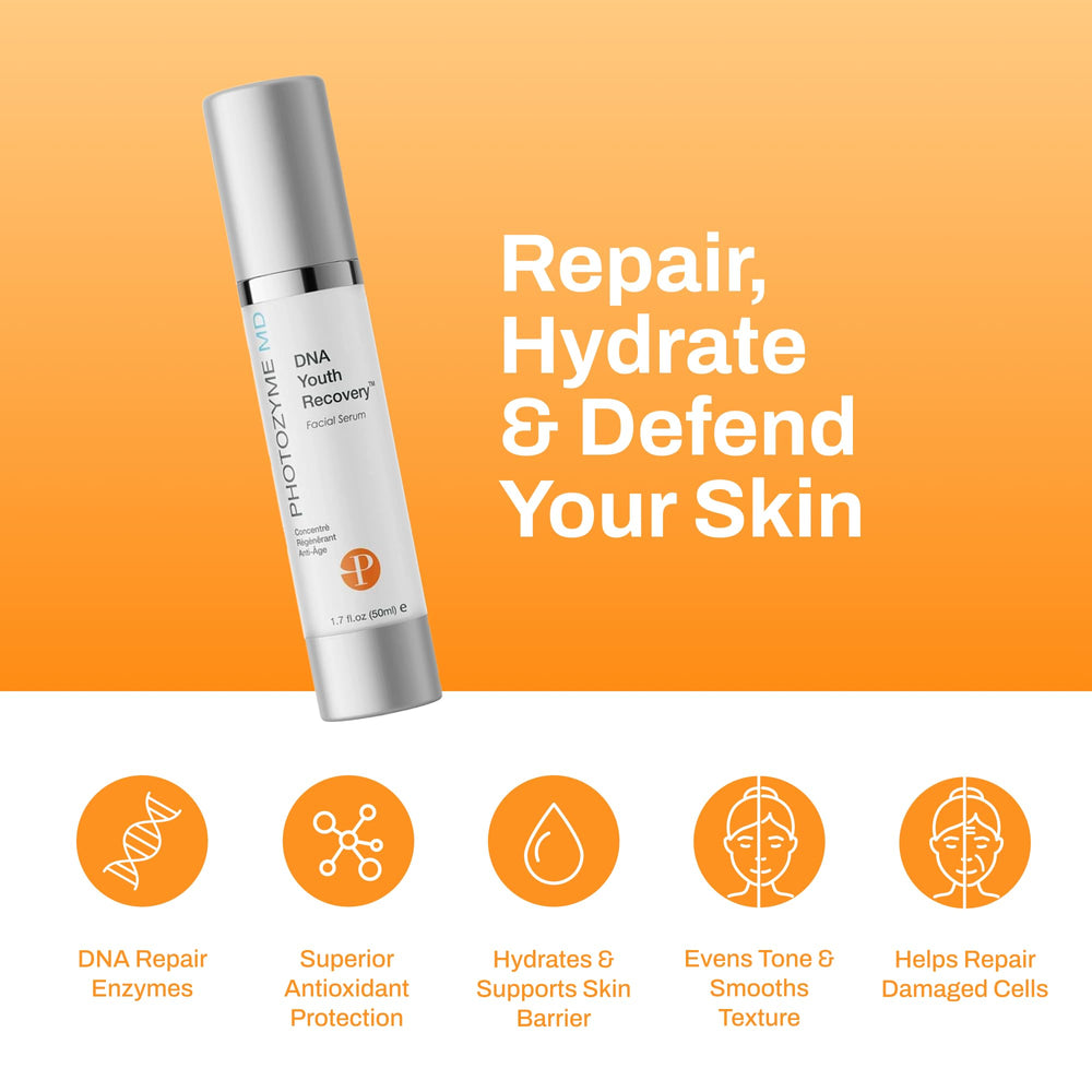 Photozyme DNA Youth Recovery Serum dropper close-up, ready for precise application.