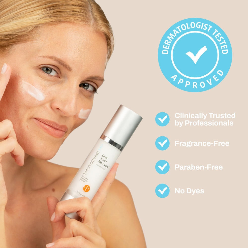 Photozyme DNA Youth Recovery Serum packaging flatlay, highlighting compact bottle for travel.