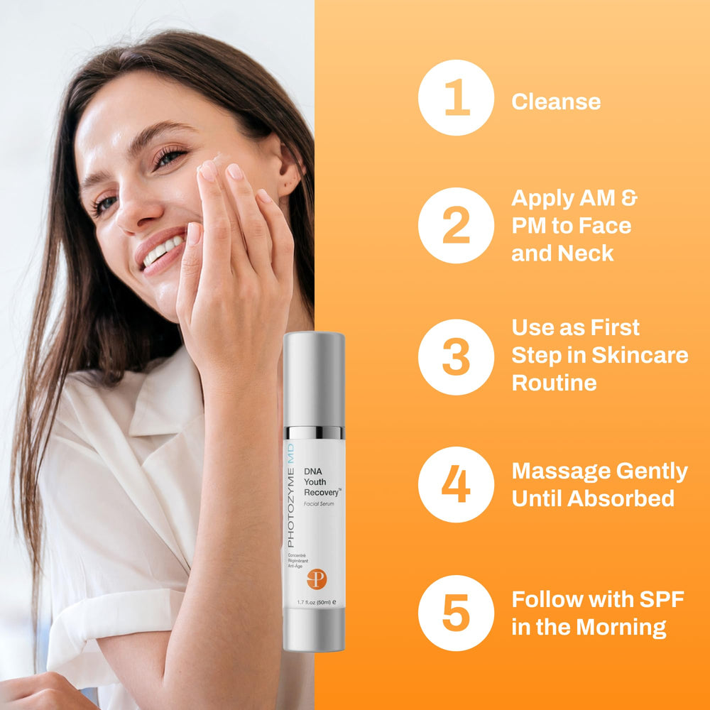 Photozyme DNA Youth Recovery Serum on fingertips, illustrating a smooth, lightweight finish.