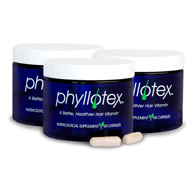 Phyllotex hair growth vitamins bottle close-up, a drug-free option for fuller hair