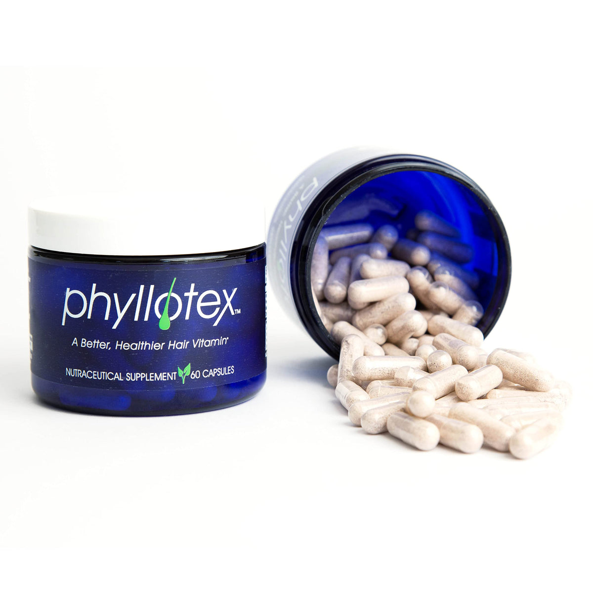 Phyllotex patented hair growth vitamins bottle with clear label for daily support.