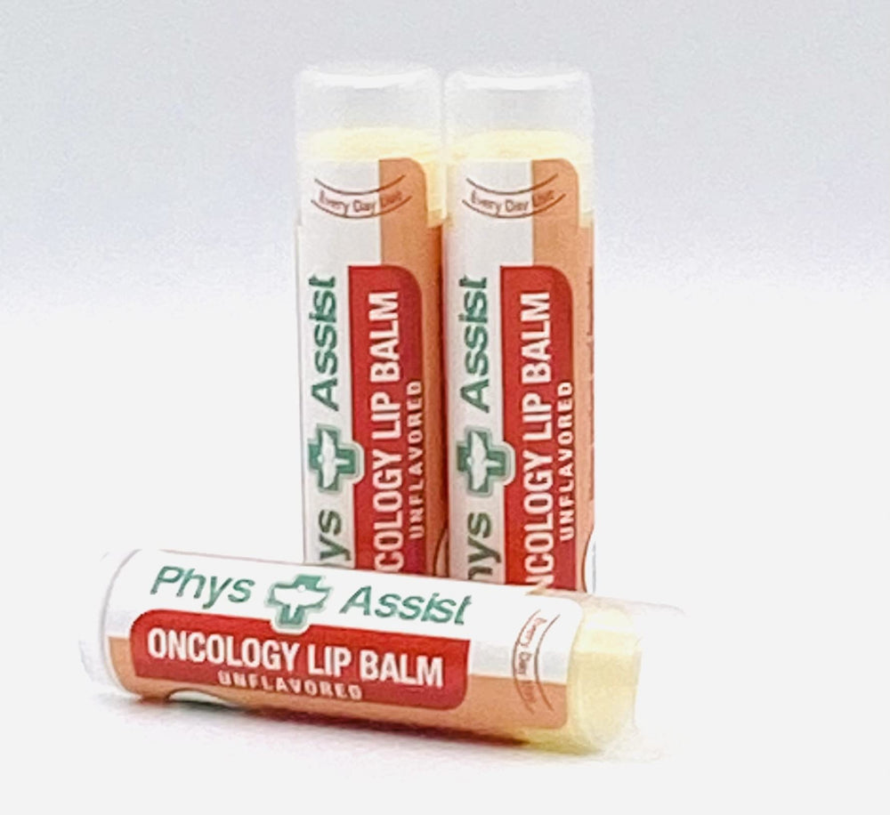 Packaging shot featuring PhysAssist 3-pack lip balm for chemo patients