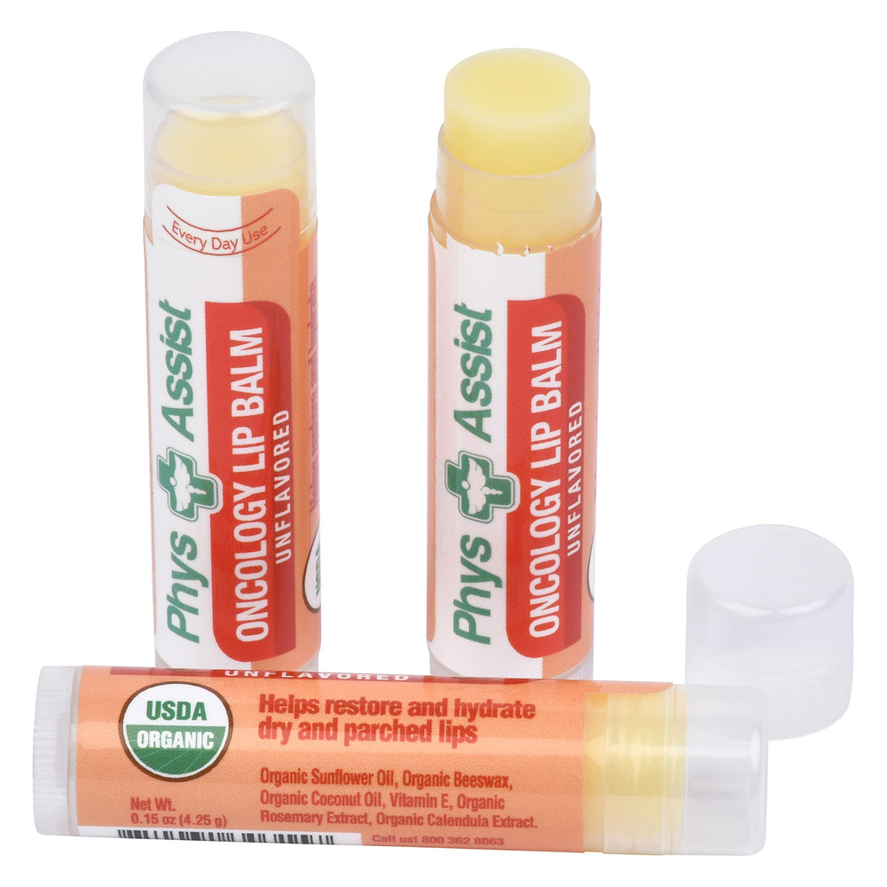 Rosemary extract and calendula infusion visible in PhysAssist oncology lip balm