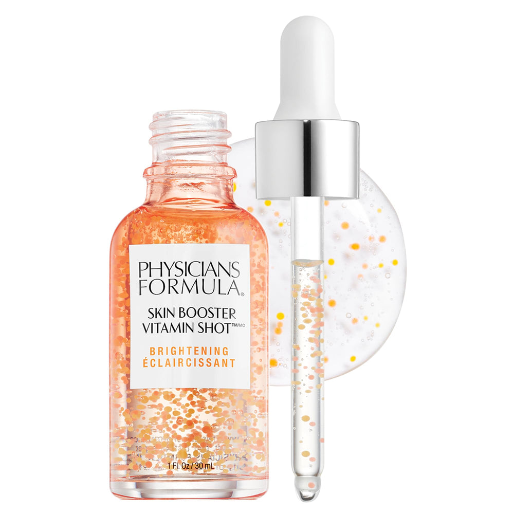 Physicians Formula Skin Booster Vitamin Shot bottle closeup highlighting vitamin-rich serum for brightening.