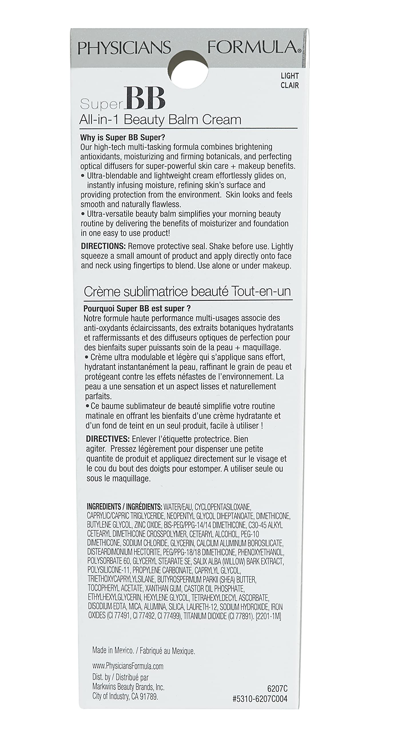 Ingredients label highlights hypoallergenic, clean formula of Physicians Formula Super BB Cream.