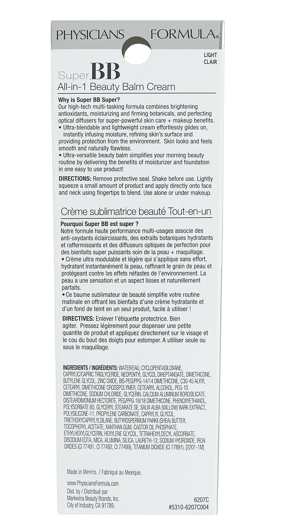 Ingredients label highlights hypoallergenic, clean formula of Physicians Formula Super BB Cream.