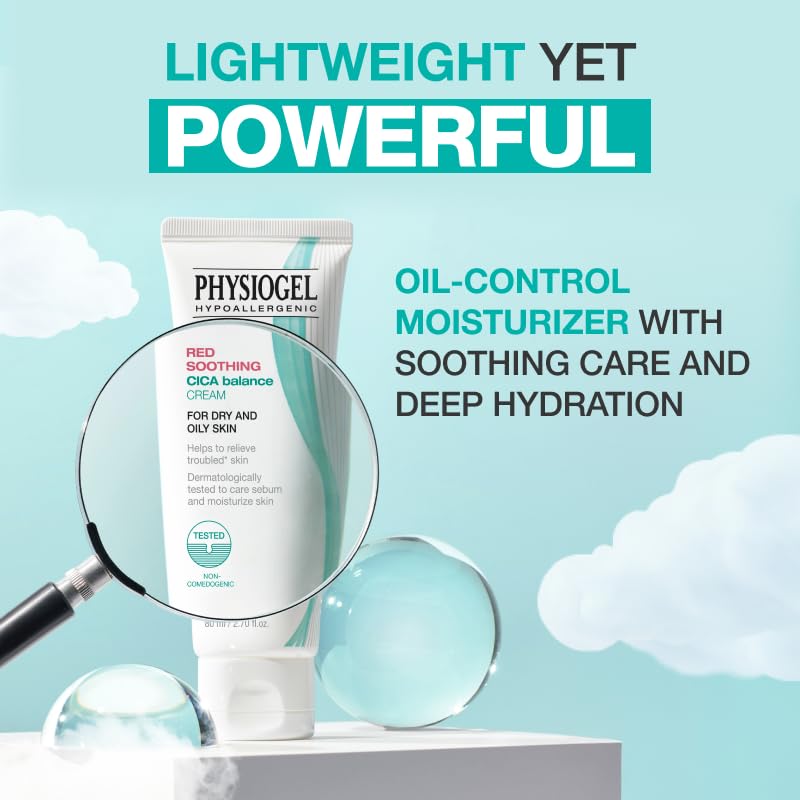Texture close-up of Physiogel Moisturizer Cream highlighting a non-greasy finish for acne-prone skin.
