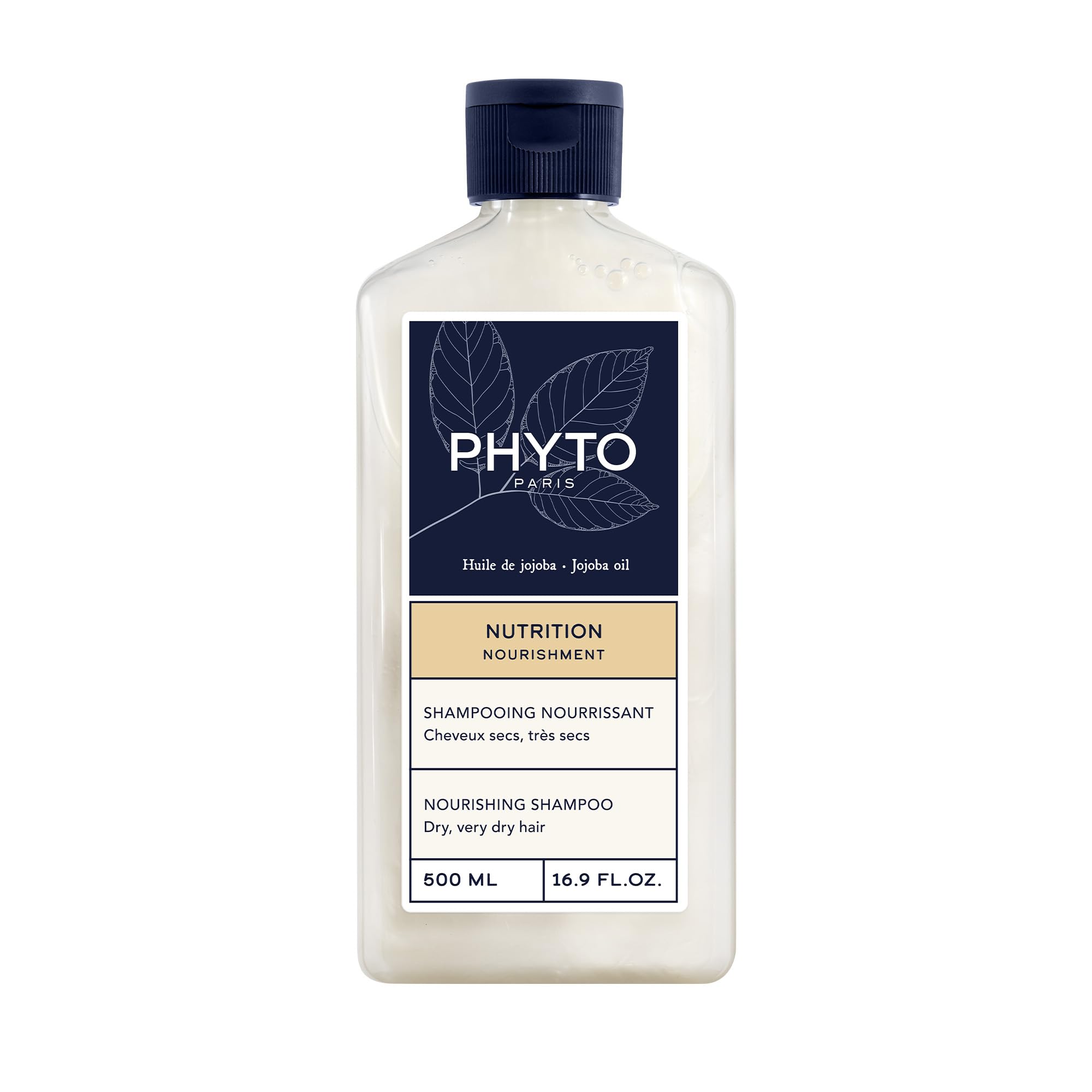 PHYTO Nourishment shampoo bottle featuring jojoba oil for nourished, hydrated hair.