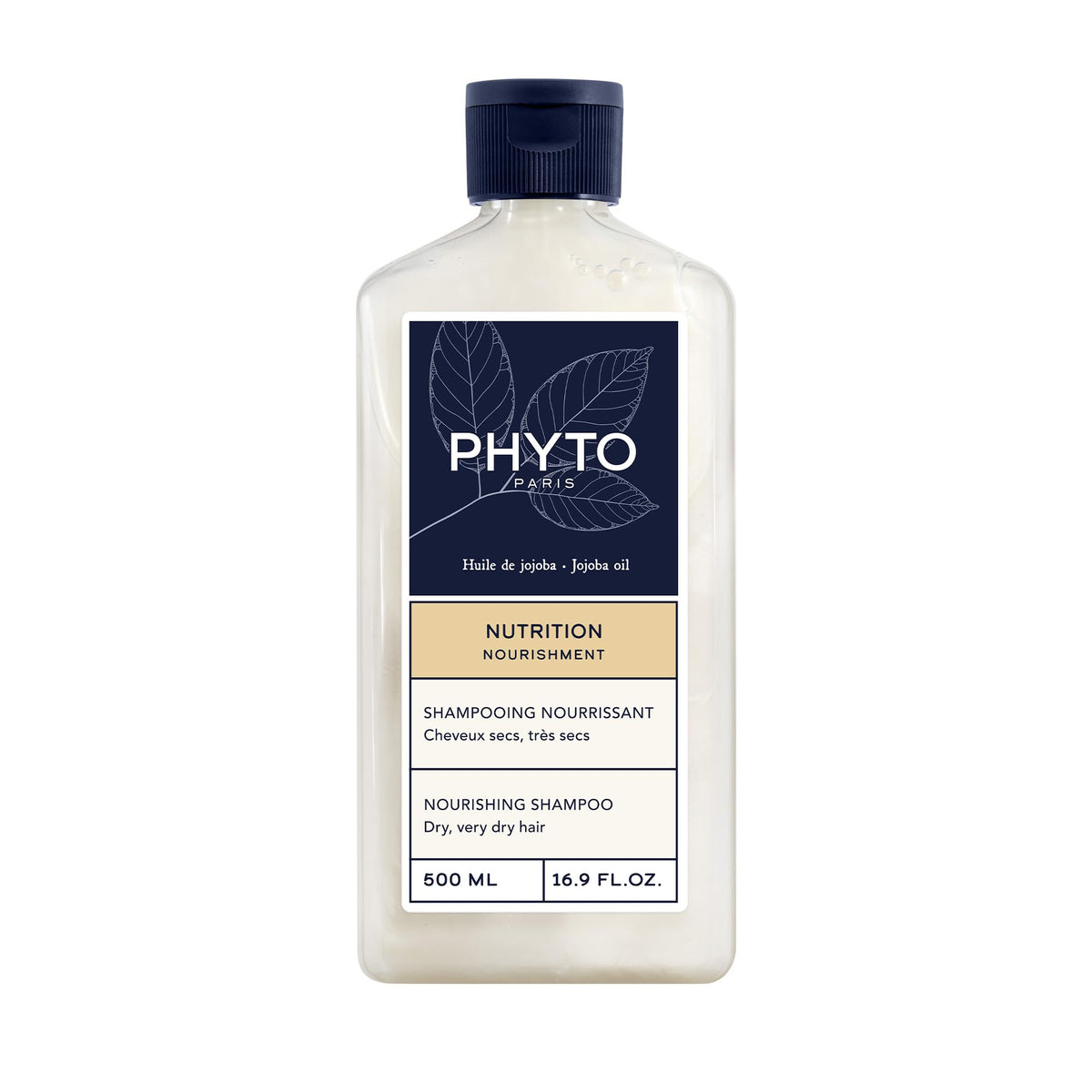 PHYTO Nourishment shampoo bottle featuring jojoba oil for nourished, hydrated hair.