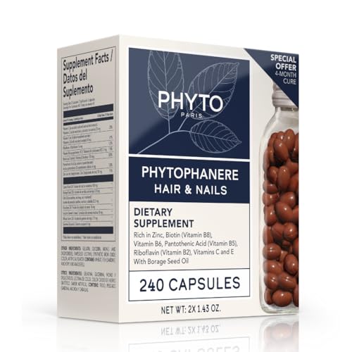 PHYTO Phytophanère two capsules daily-dose bottle showing convenient hair and nail support.