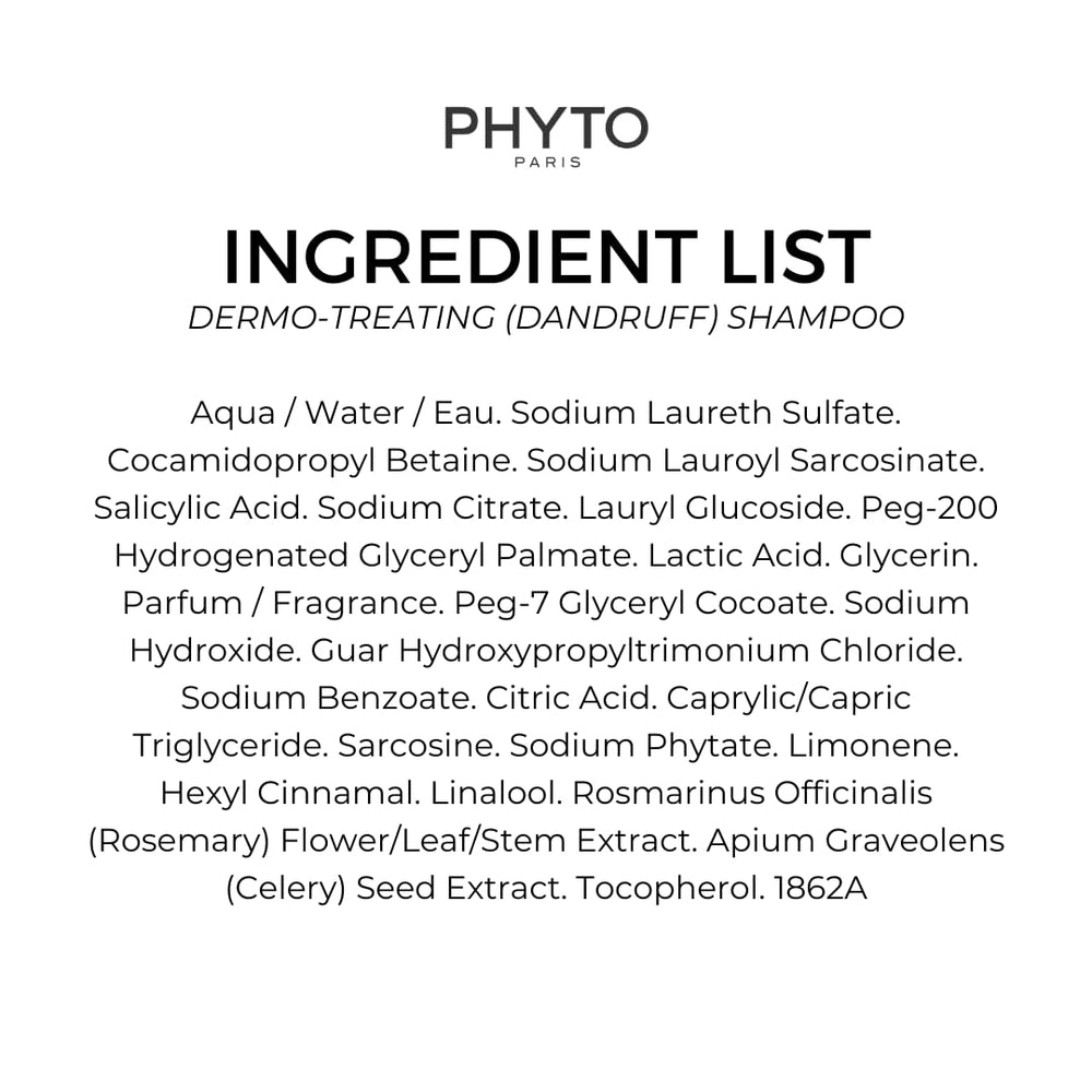 PHYTO Scalp Solutions Dandruff Shampoo closeup label highlights active acids in the formula.