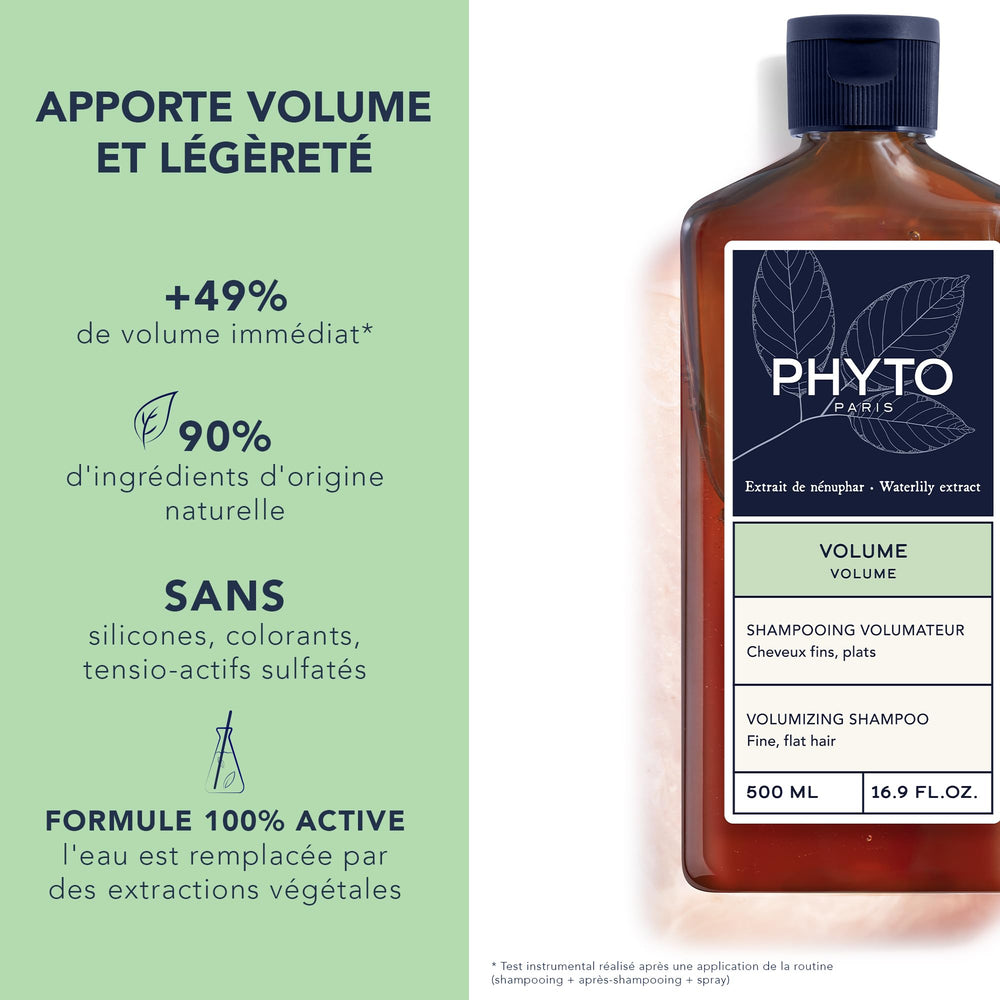 PHYTO Volume shampoo label closeup showcases vegan and sulfate-free benefits for healthier-feeling hair