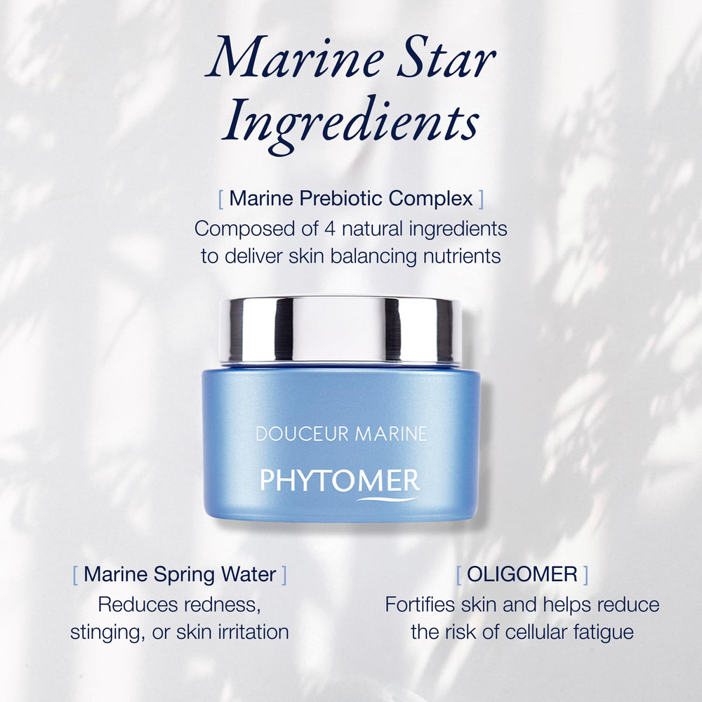 Phytomer Douceur Marine label with ingredients emphasizes probiotic marine components.