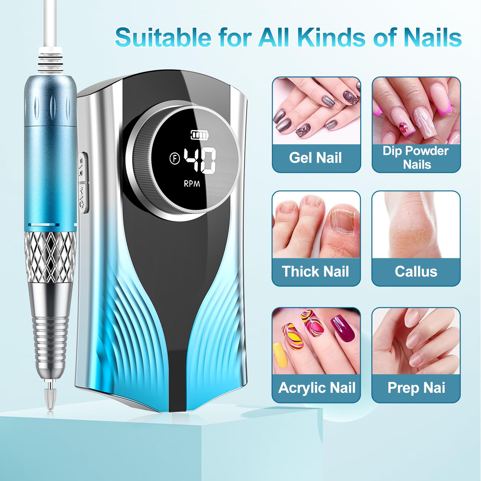 PICKBEAU Cordless nail drill in use on acrylic nail for salon or home