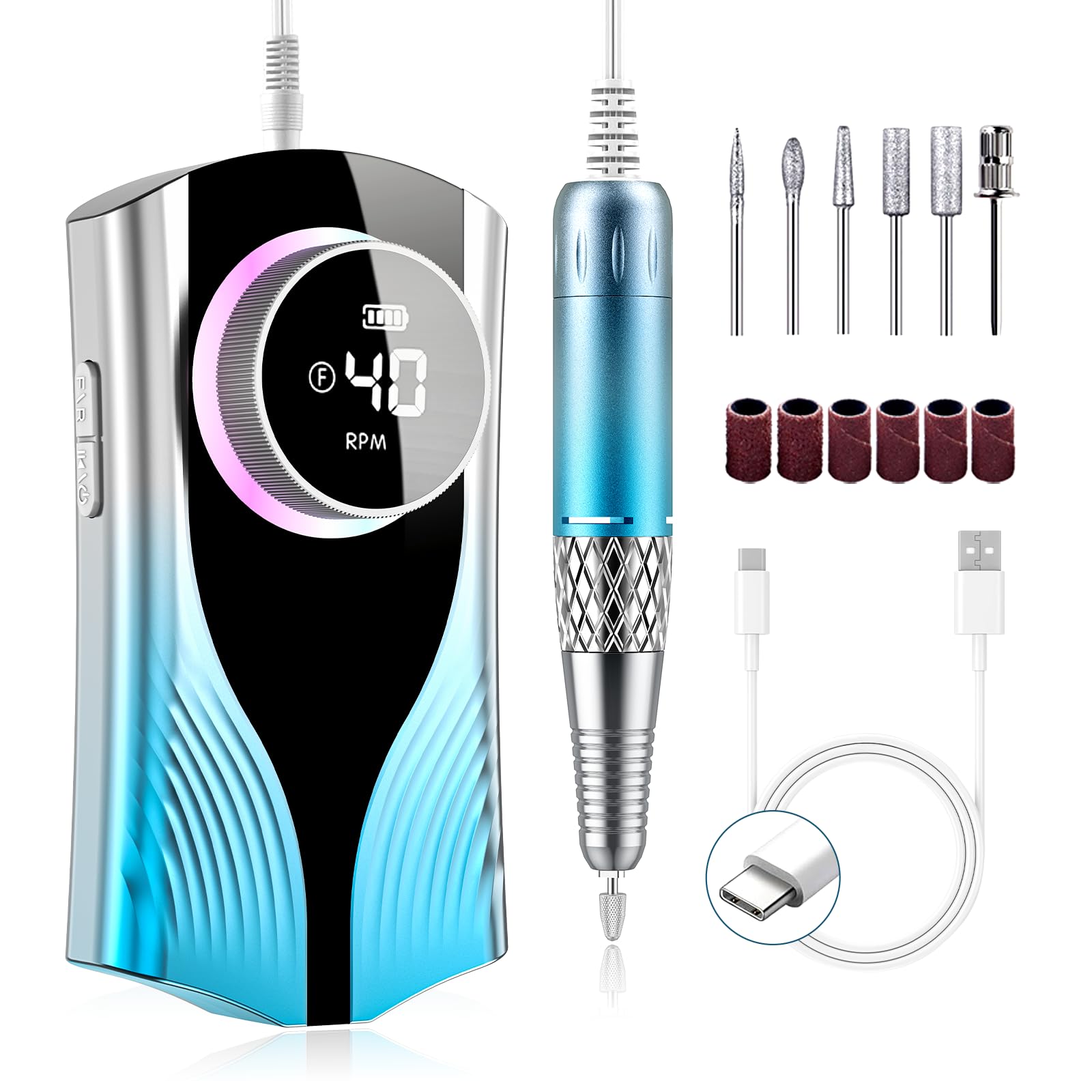 PICKBEAU Electric Nail Drill Machine front view in blue for versatile nail care