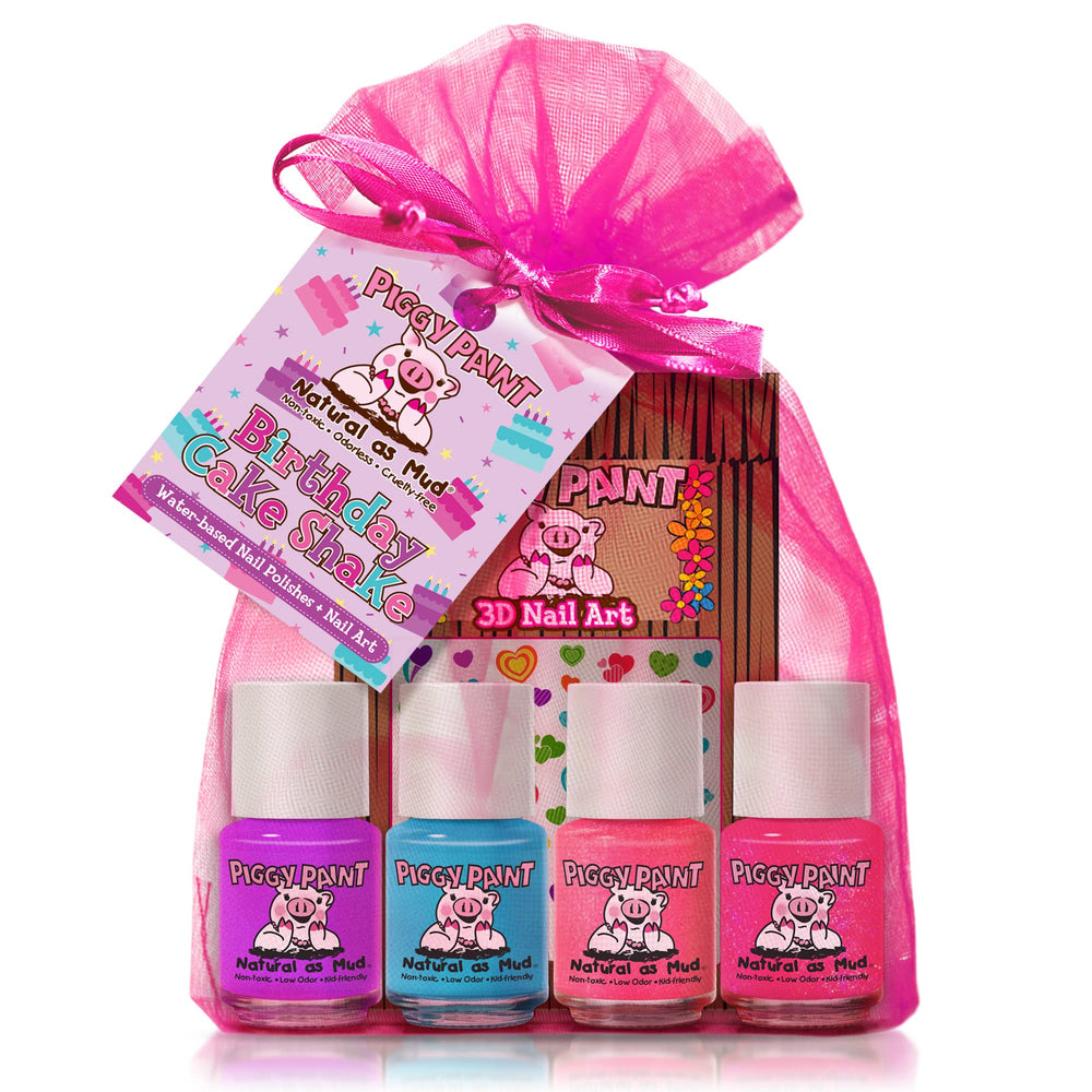 Piggy Paint Birthday Cake Shake Set packaging with four polishes and nail art, ideal as a gift
