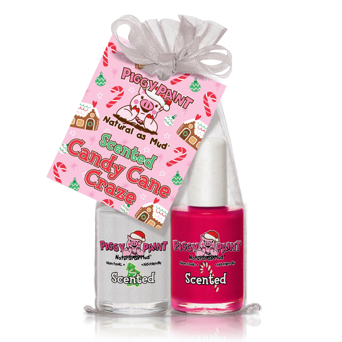 Piggy Paint Candy Cane Scented Peppermint bottle shows kid-safe non-toxic polish.