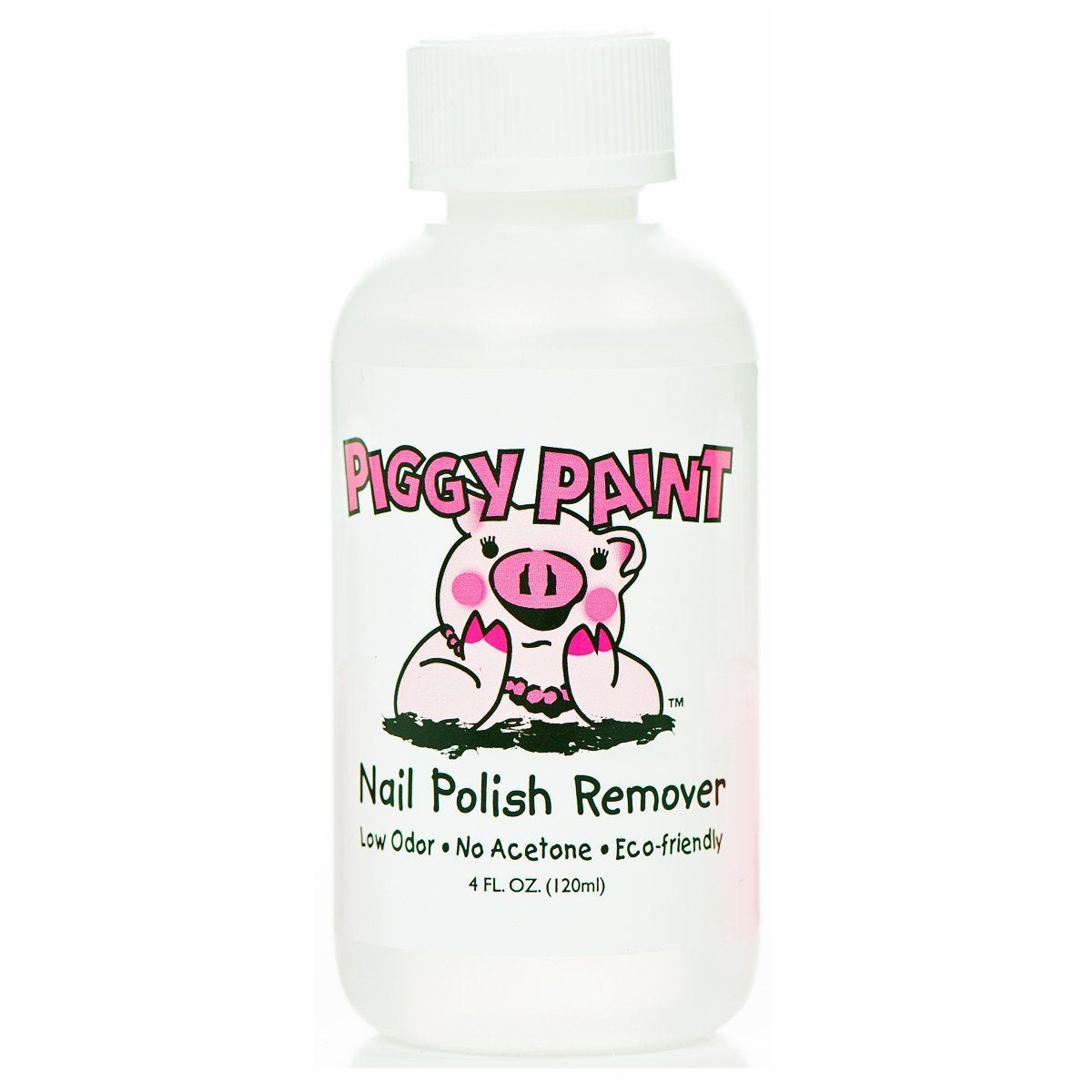 Piggy Paint nail polish remover 4oz bottle, acetone-free and gentle for nails and cuticles.