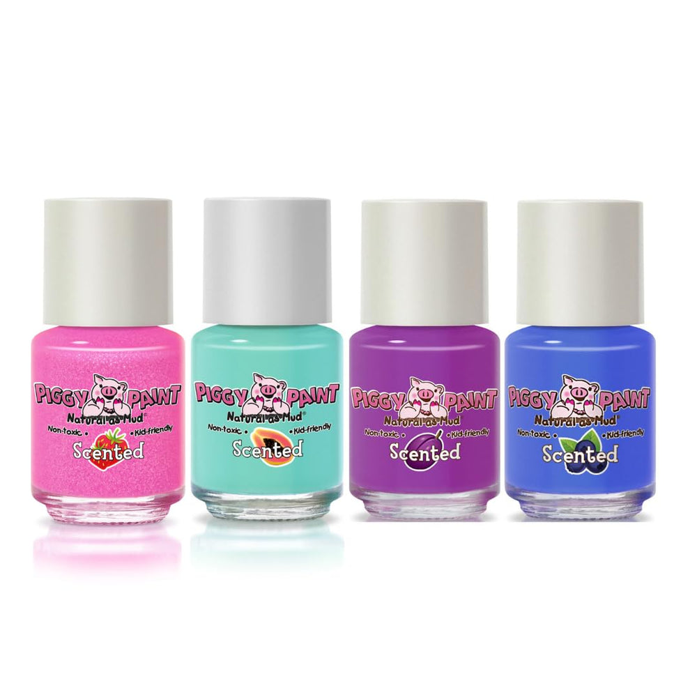 Piggy Paint Scented Fruit Fairy bottles shown with vibrant kid-friendly colors