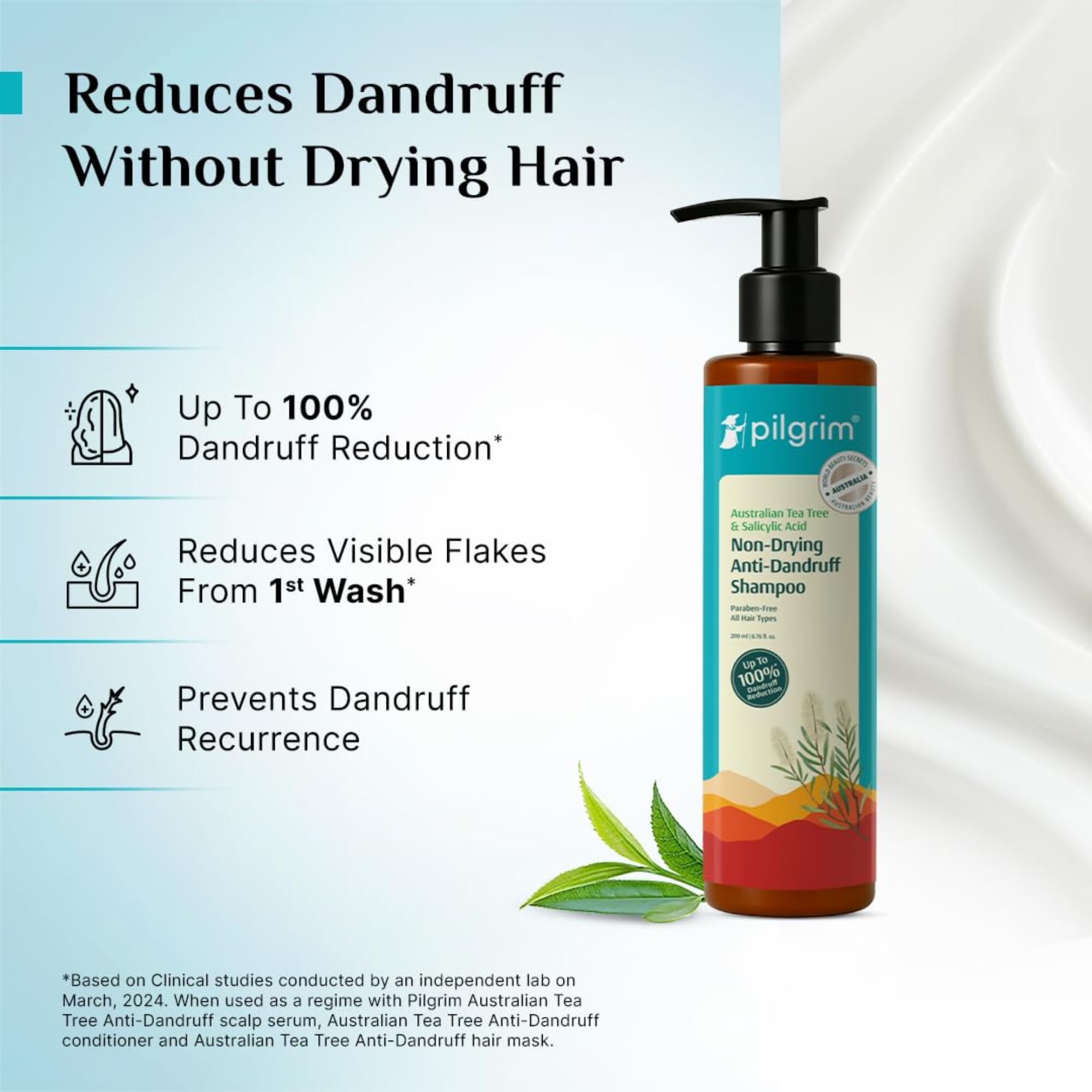 Pilgrim Tea Tree Shampoo foam demonstrates gentle cleansing with refreshing lather.