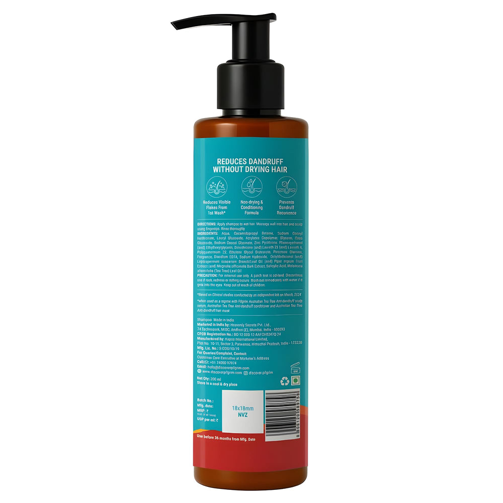 Pilgrim Tea Tree Shampoo branded label showcasing Australian Tea Tree and salicylic acid.
