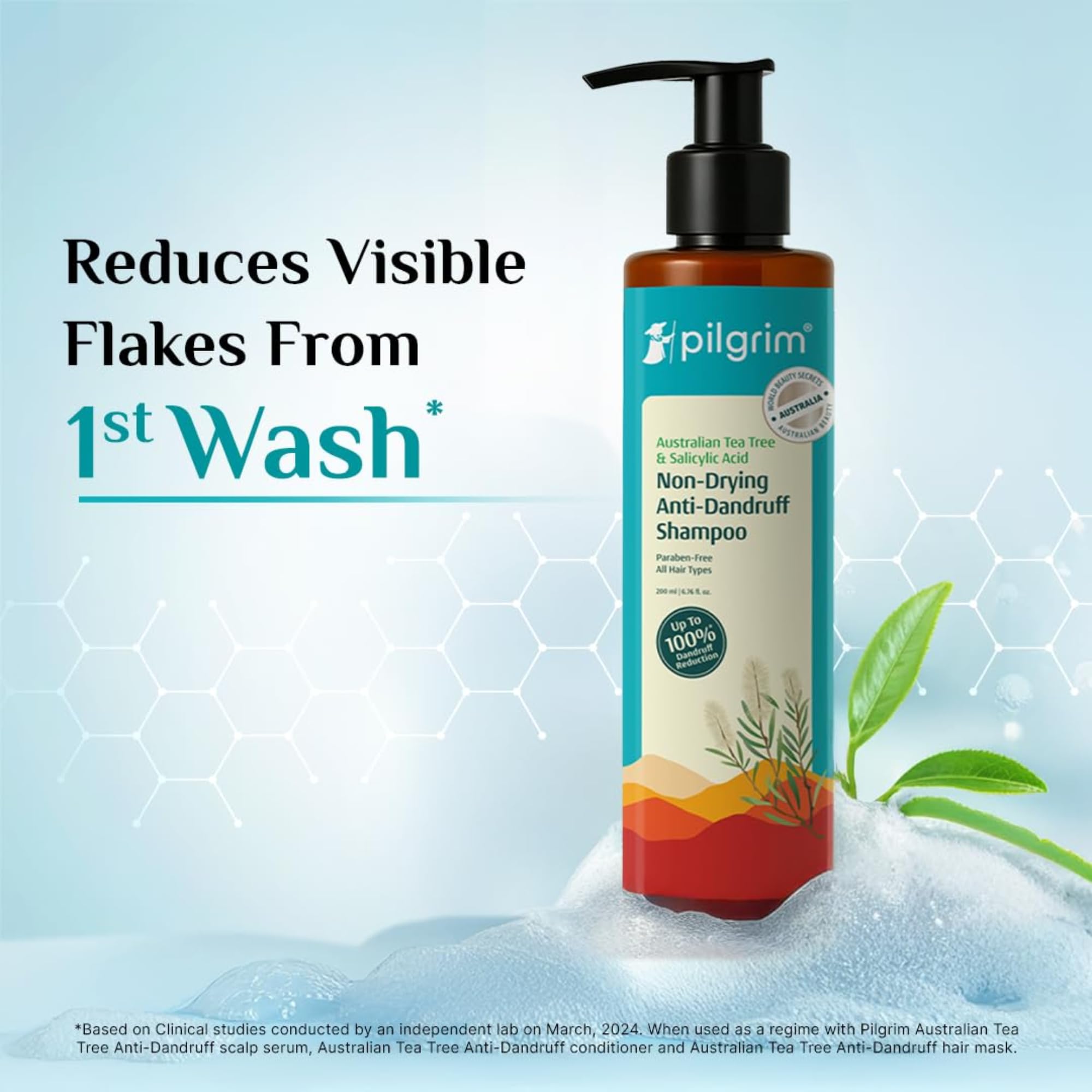 Pilgrim Tea Tree Shampoo packaging display with brand logo.