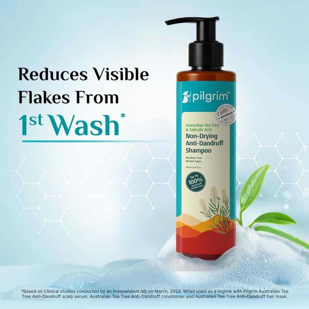 Pilgrim Tea Tree Shampoo packaging display with brand logo.