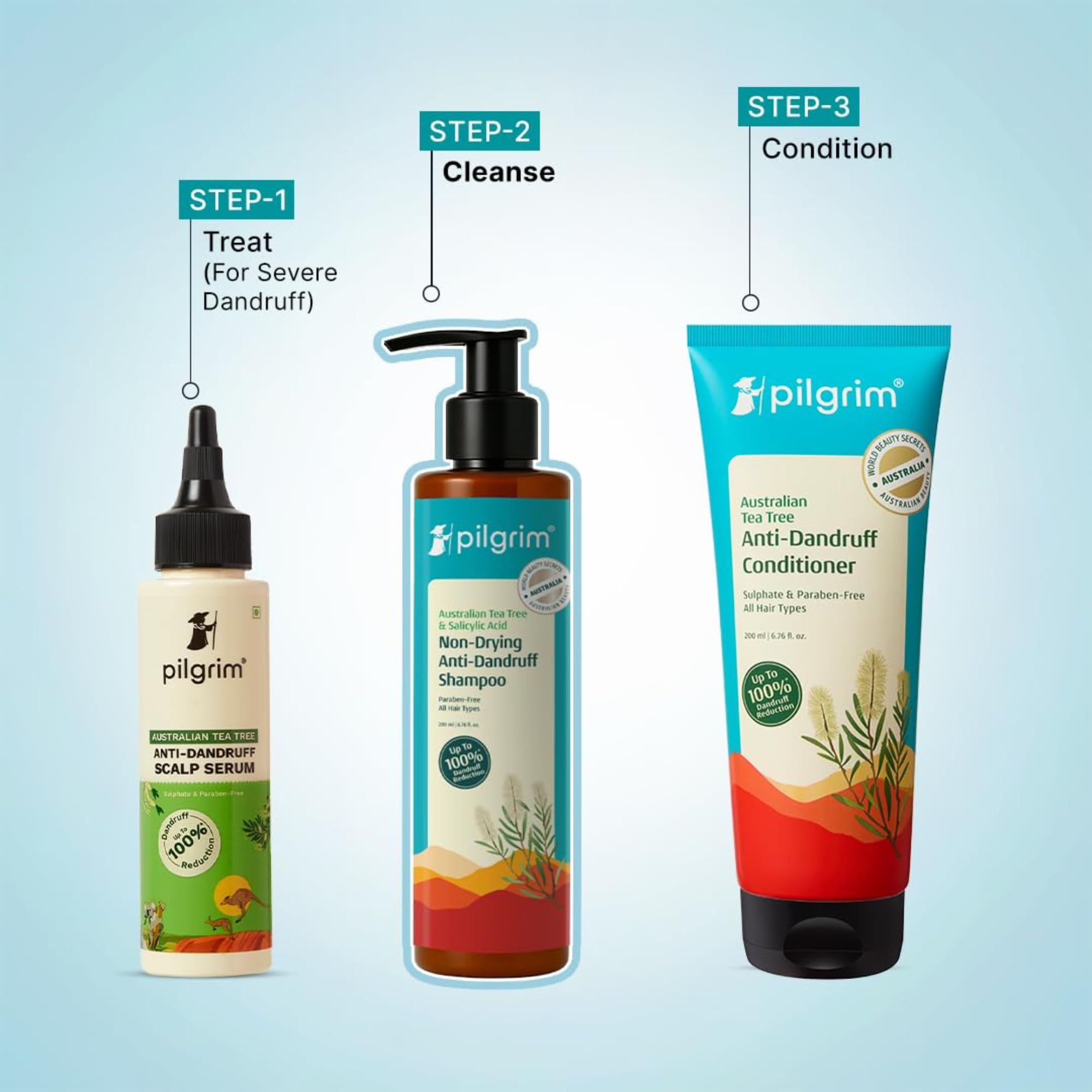 Pilgrim Tea Tree Shampoo dispense-action show bottle being used in shower.