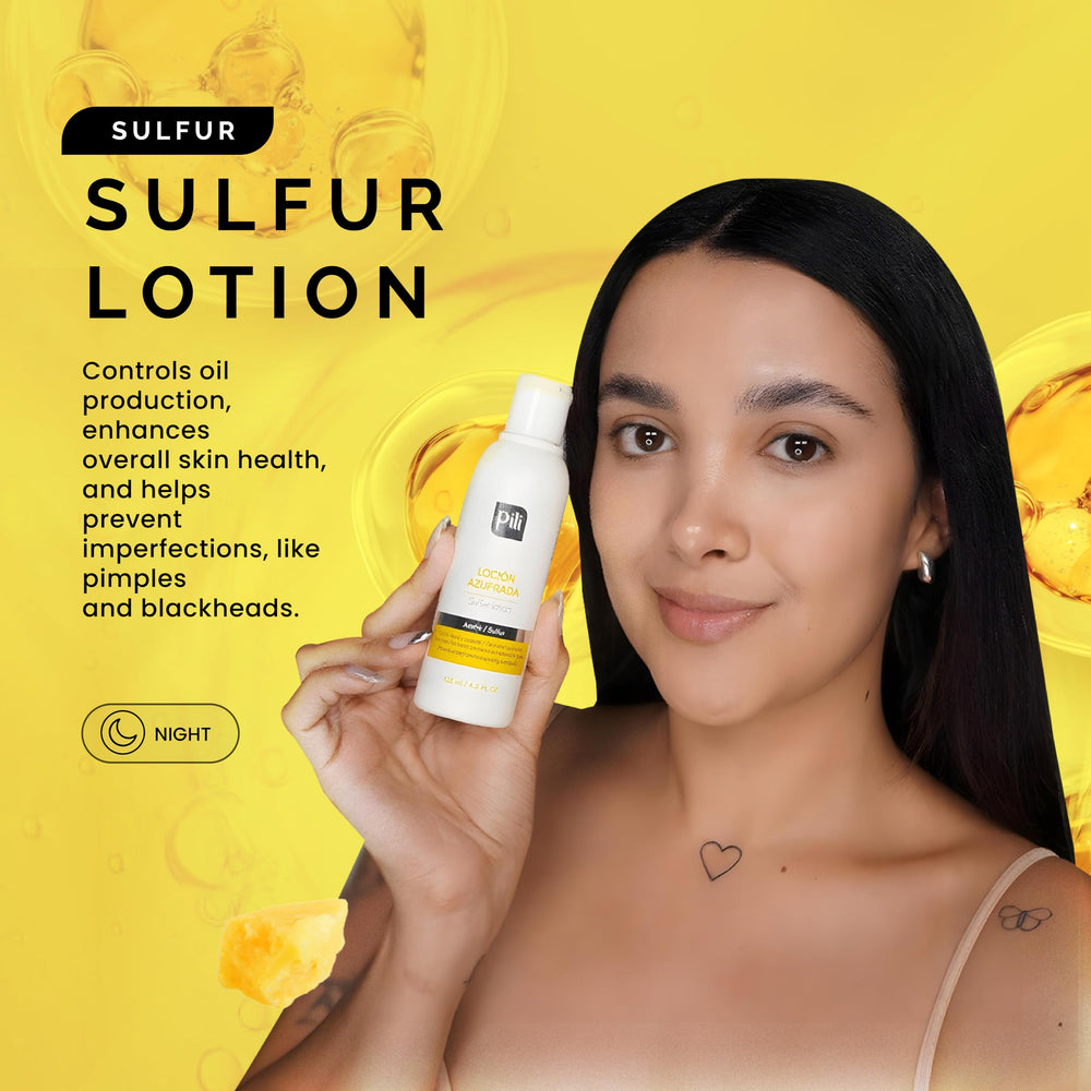 Pili Natural Pili Sulfur Lotion ingredients label close-up for skin balance.