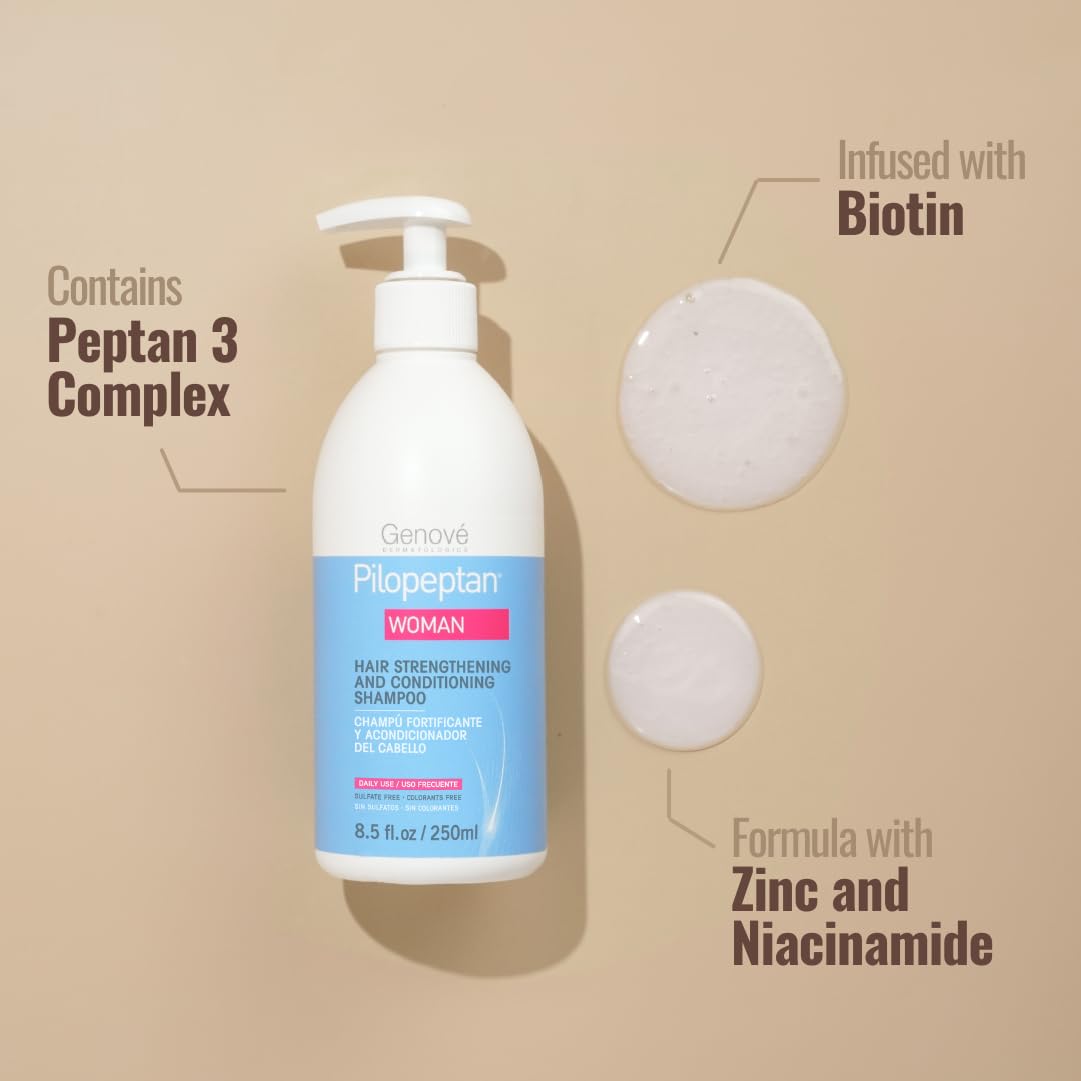 Pilopeptan Woman Shampoo ingredients featuring Peptan 3 Complex for elasticity support.