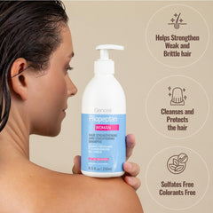 Pilopeptan Woman Shampoo close-up lather demonstrating gentle cleansing and softness.