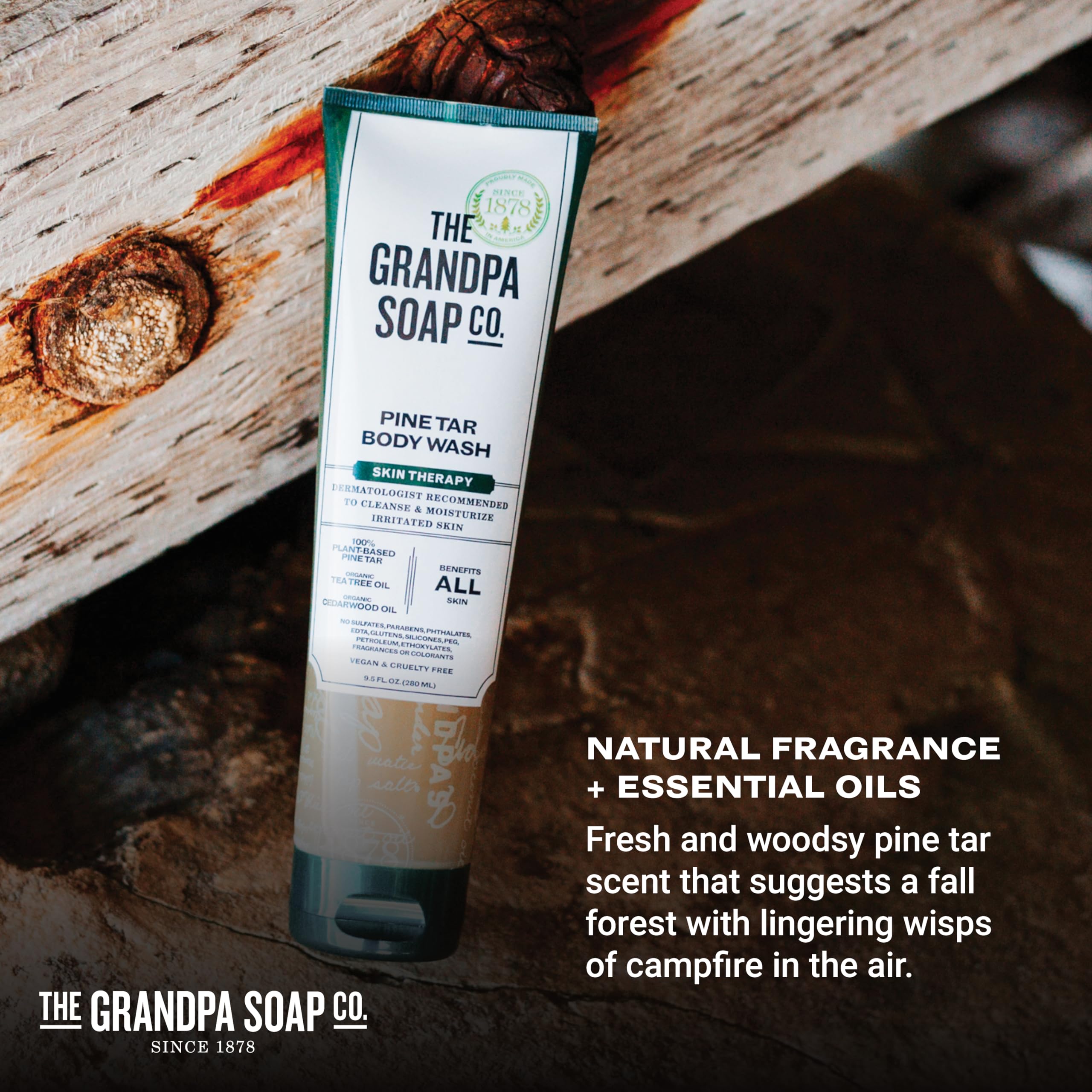 The Grandpa Soap Company Pine Tar Body Wash shows organic tea tree and cedarwood oils for cleansing.