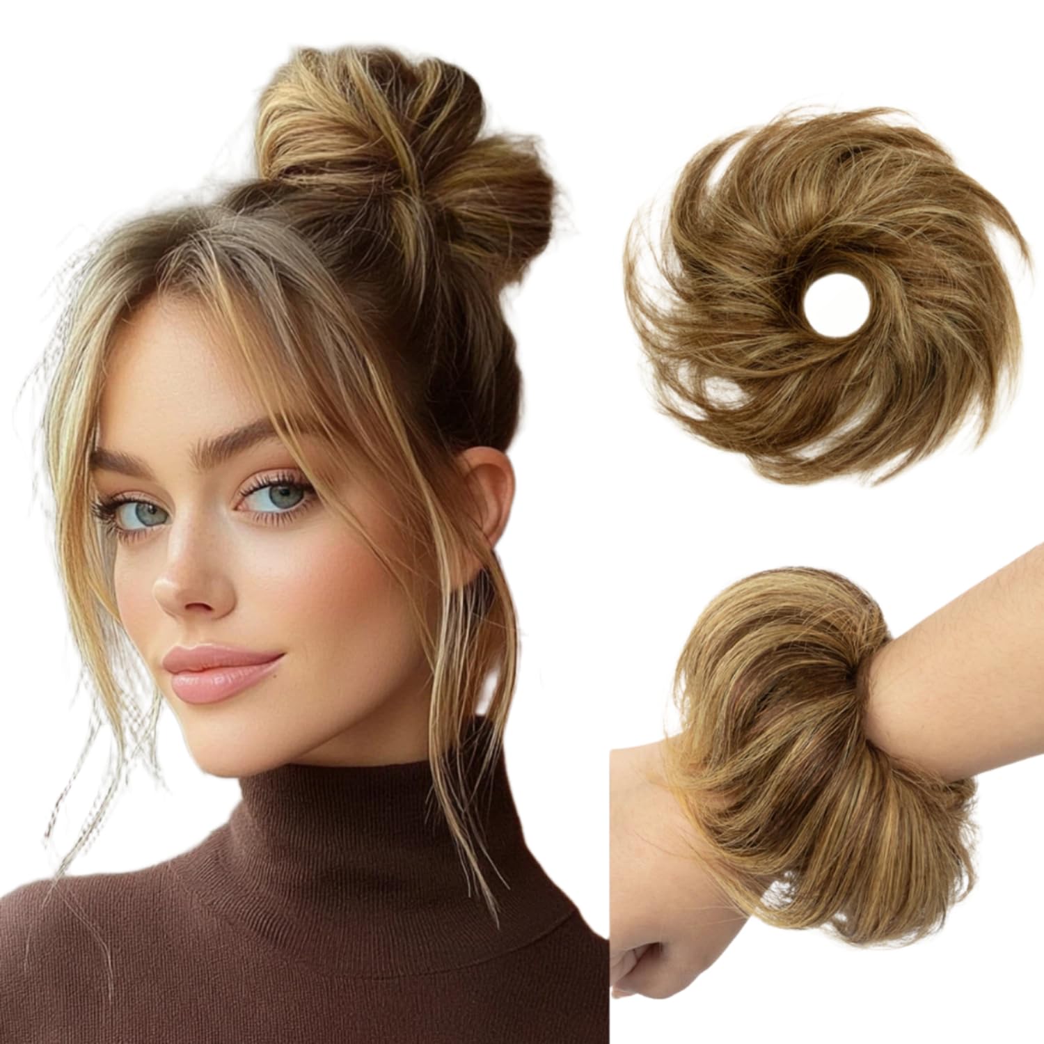 PineHalo messy bun hair piece with medium brown highlights blending with natural hair for a seamless look.