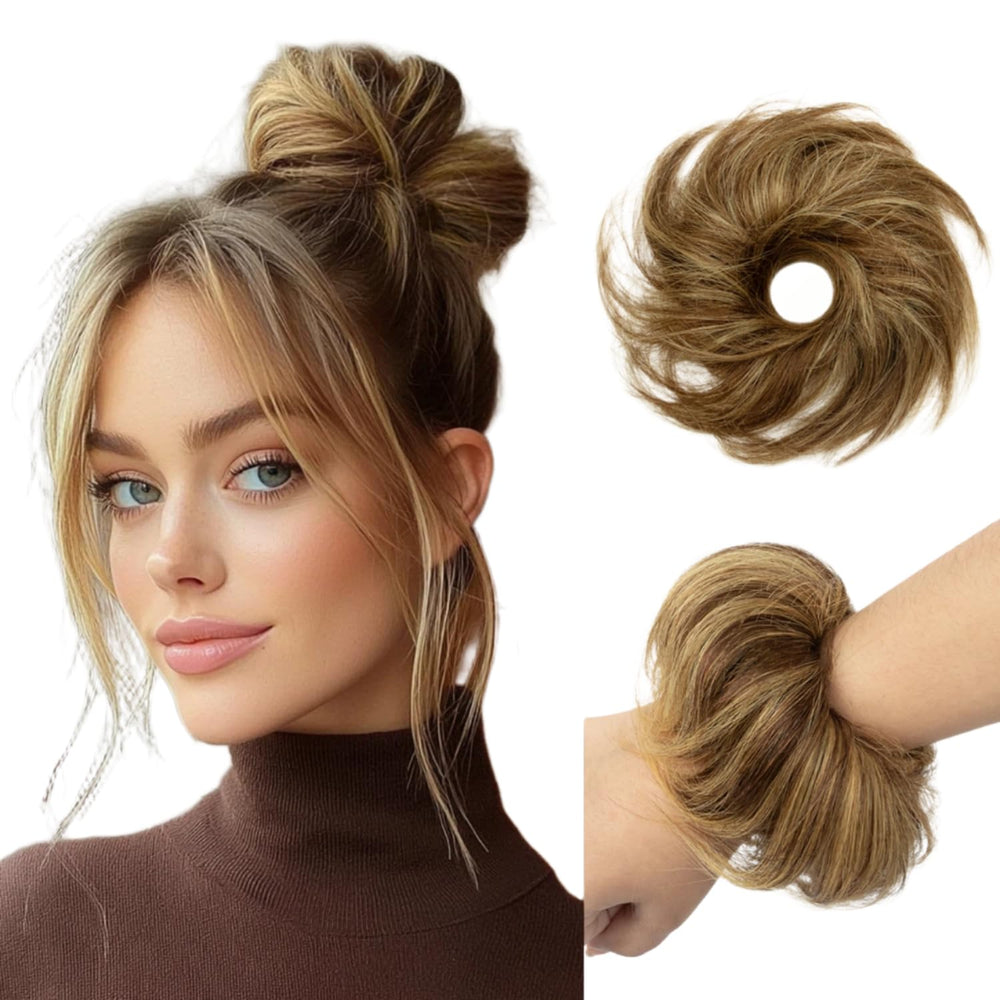 PineHalo messy bun hair piece with medium brown highlights blending with natural hair for a seamless look.