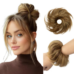 PineHalo messy bun hair piece with medium brown highlights blending with natural hair for a seamless look.