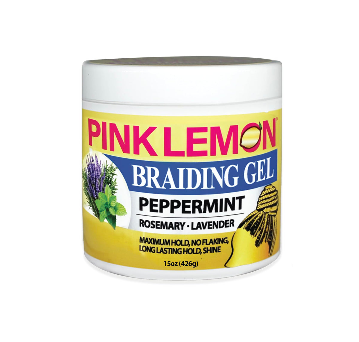 PINK LEMON Braiding Gel Peppermint bottle shows easy grip and long-lasting hold.