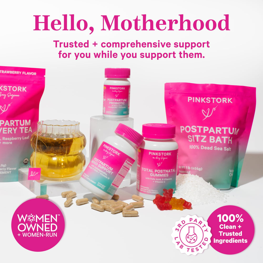 Perineal comfort support after labor with Pink Stork sitz bath soak.