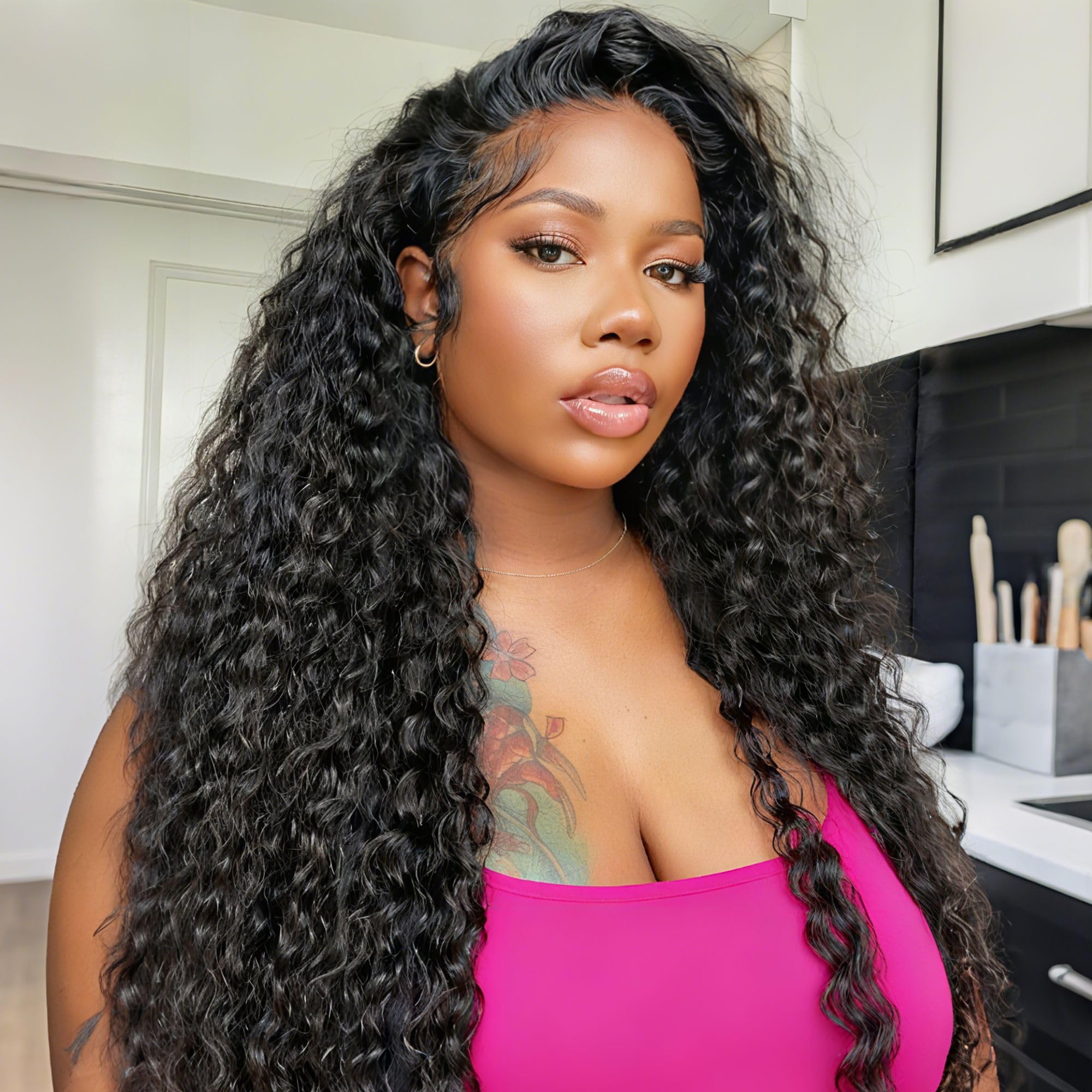 Pinketer deep wave half wig human hair 24inch offers natural volume and shine.