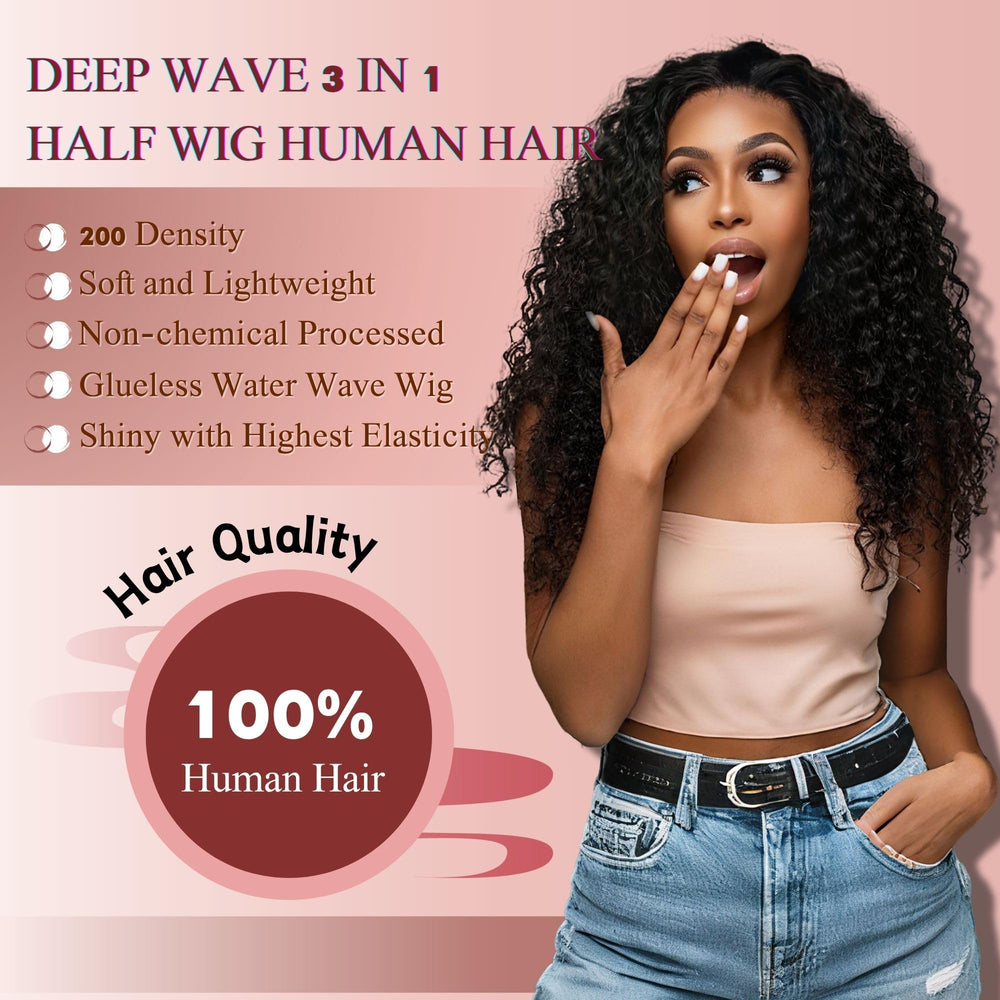Pinketer glueless half wig with drawstring provides easy wear and secure fit.
