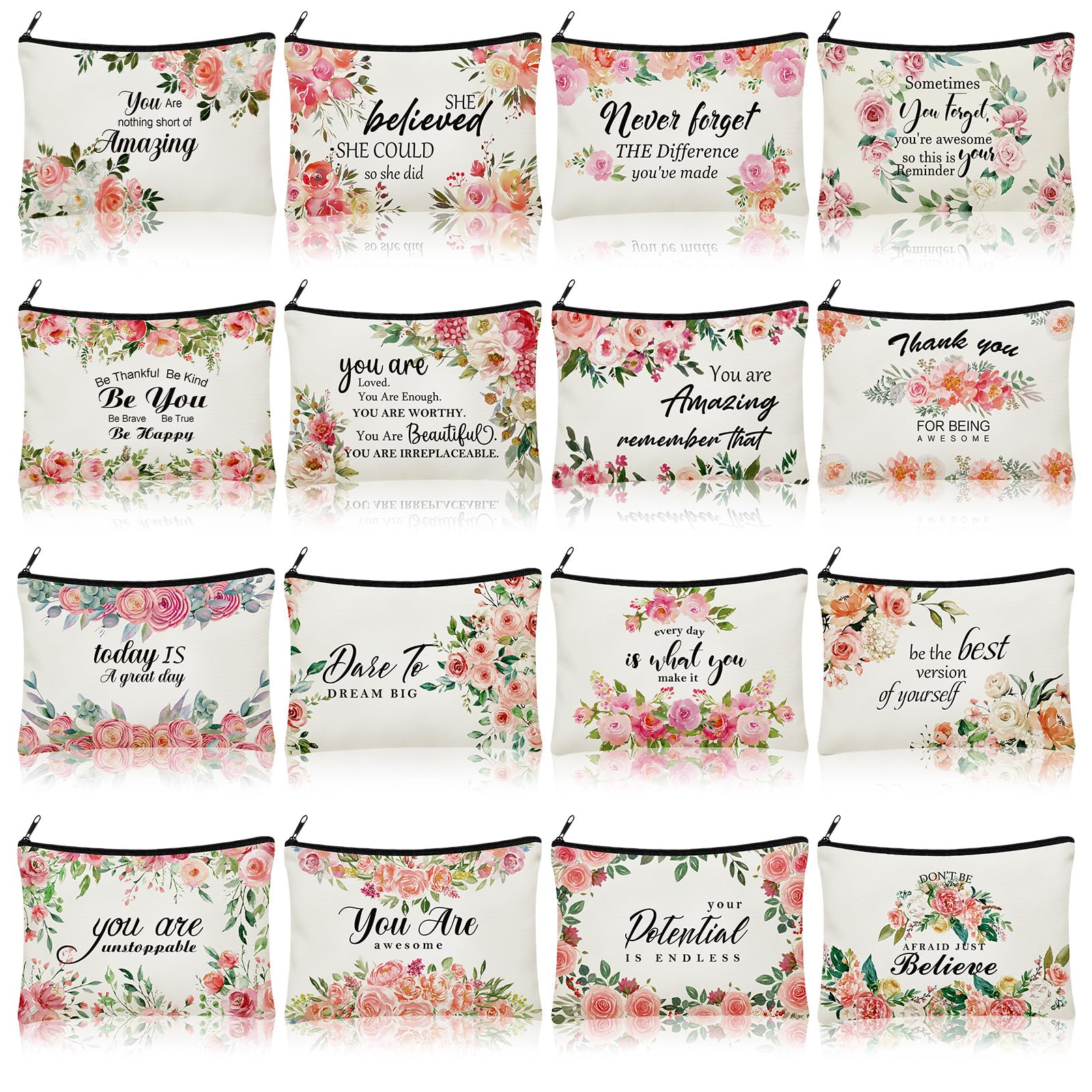 Pinkunn flower canvas makeup bag with zipper for travel and daily cosmetics.