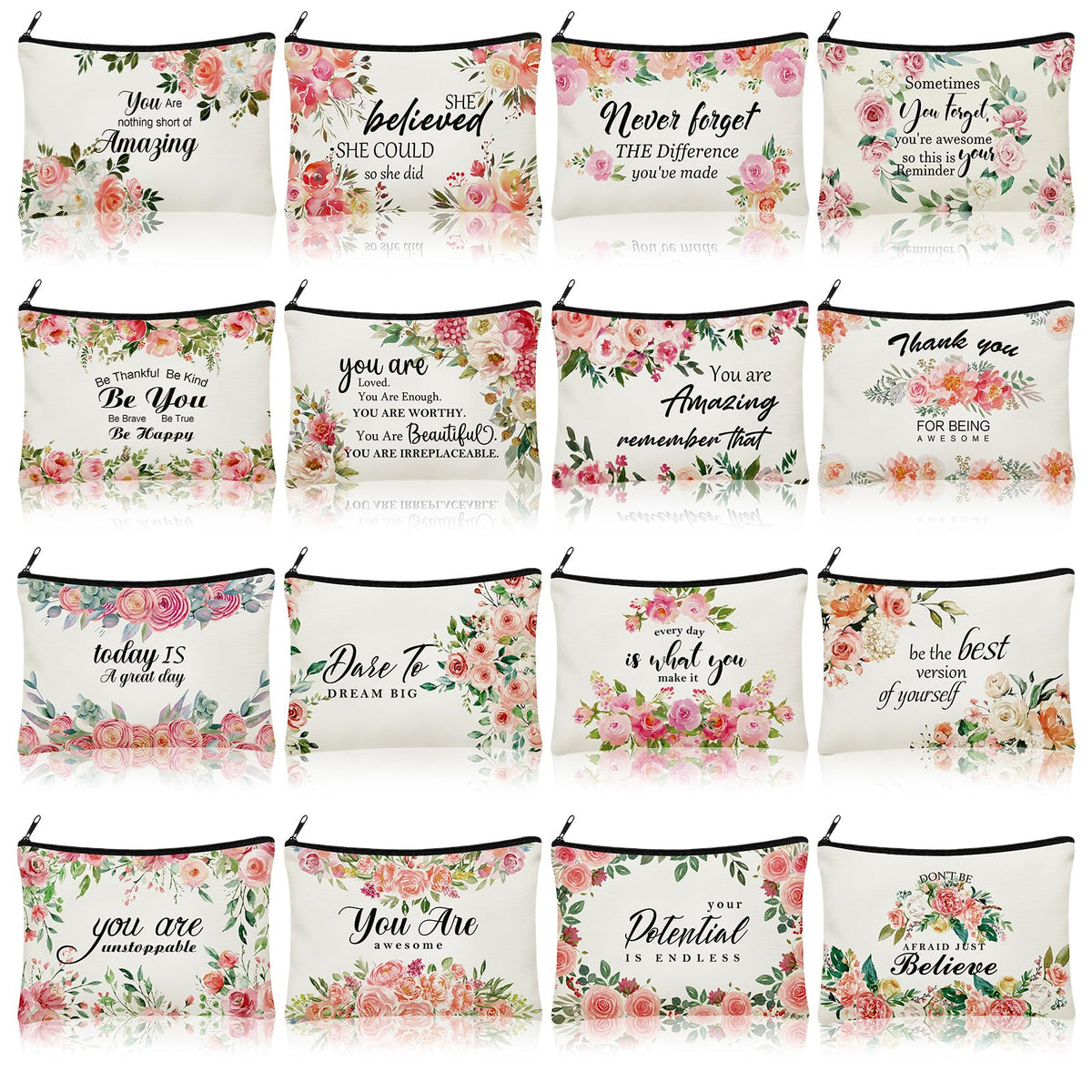 Pinkunn flower canvas makeup bag with zipper for travel and daily cosmetics.