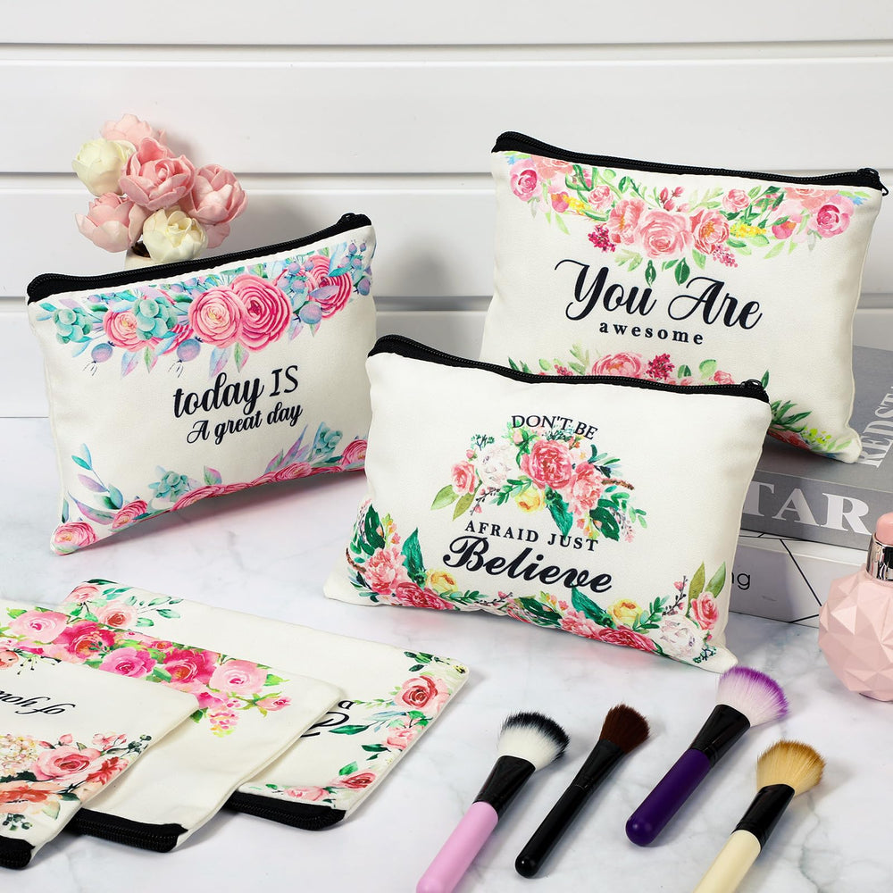 Pinkunn canvas makeup pouch in floral design, great for organizing brushes and pencils.